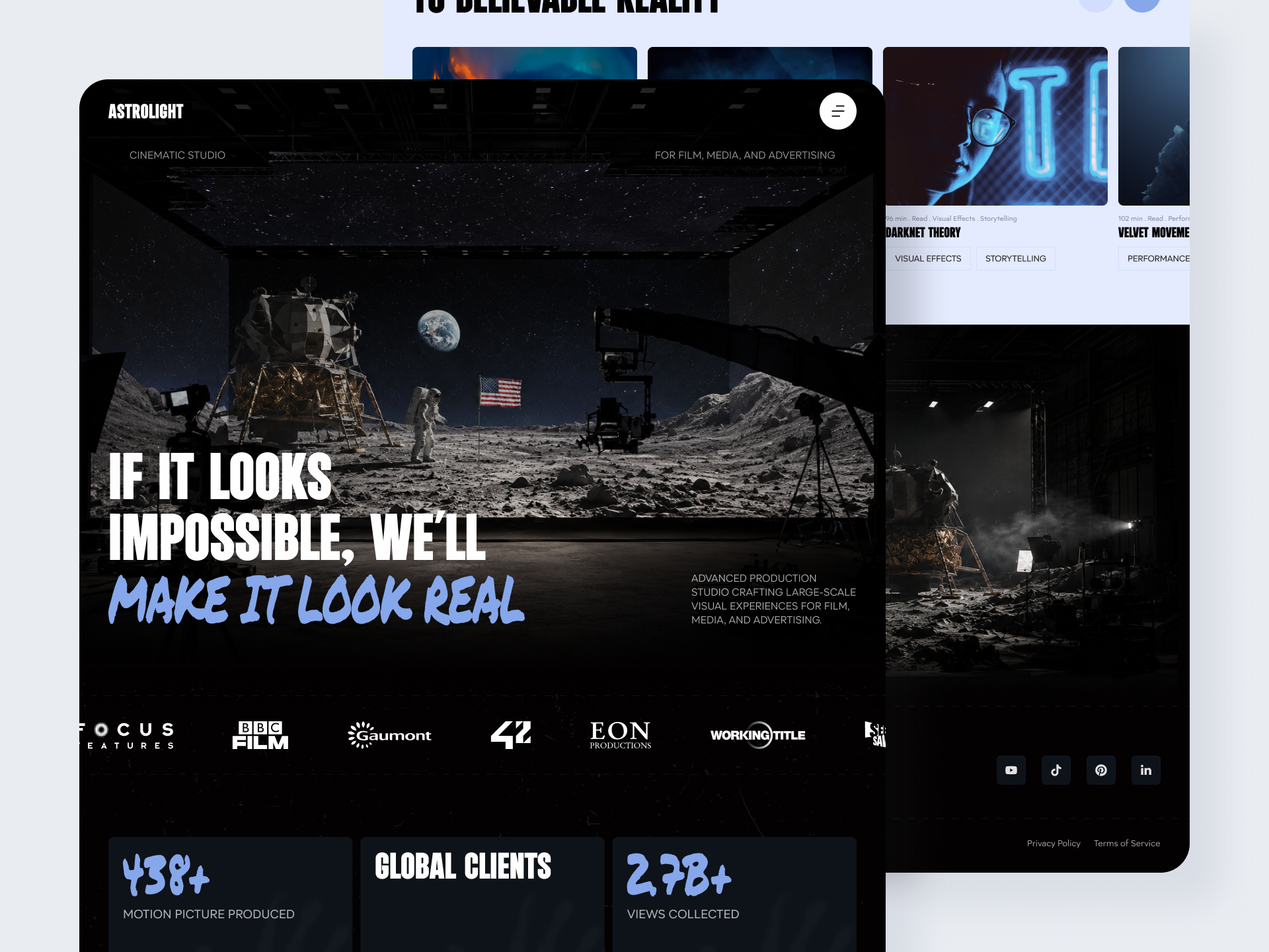Cinematic Production Landing Page by Alex Pavlov cinematic cinematic website creative agency dark ui film production futuristic immersive landing page moon landing motion design product design sci fi space space exploration storytelling ui design ux design video production web design website design