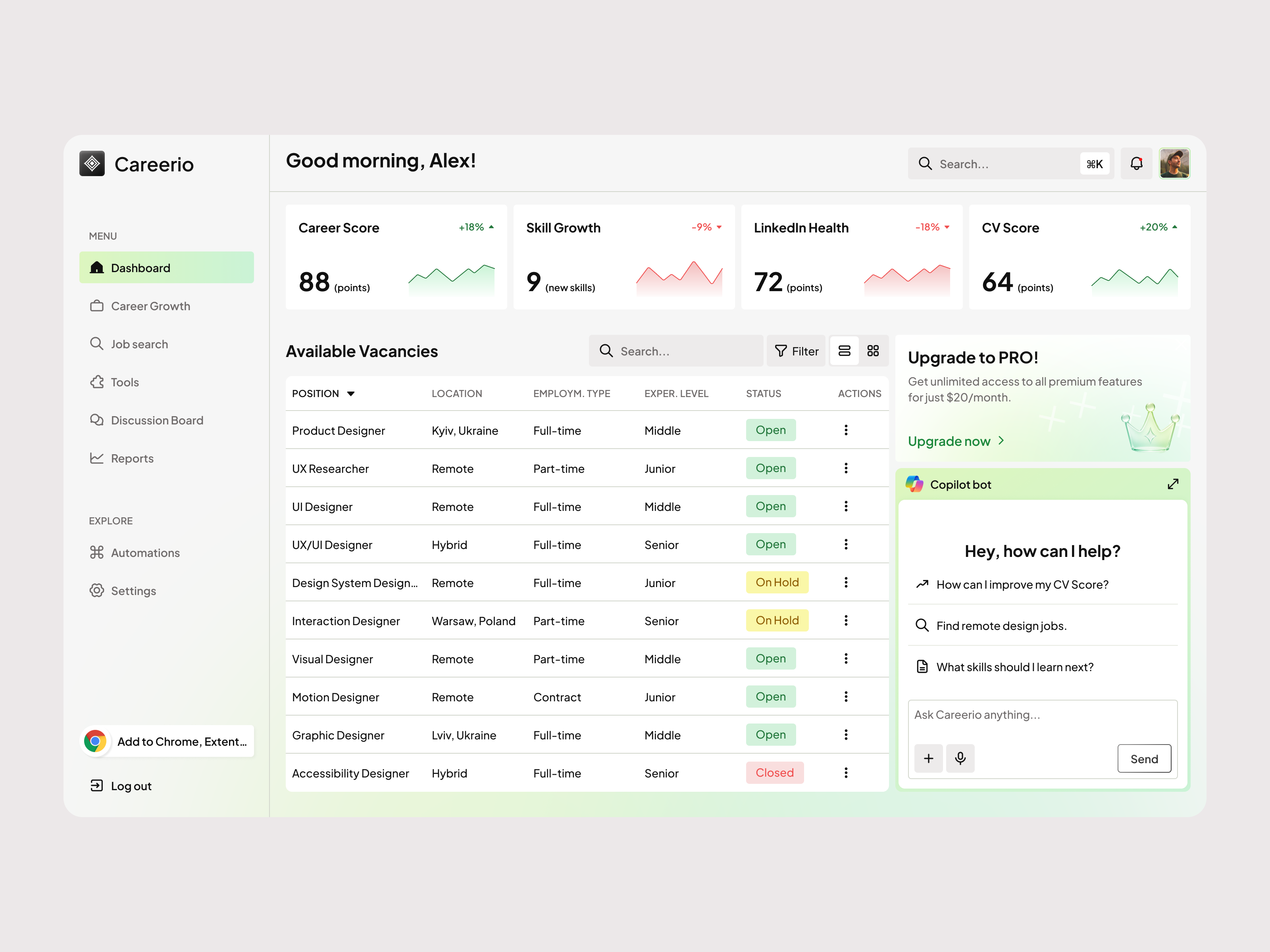 Personal Career Growth Dashboard bot career copilot light product design sidebar table ui design ux design