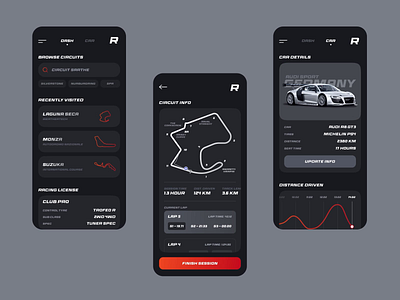 Racenality - The ultimate racetrack companion! analytics app companion concept design driver interaction interface itcraft metrics mobile motion motion design motosport race racing sports track ui ux