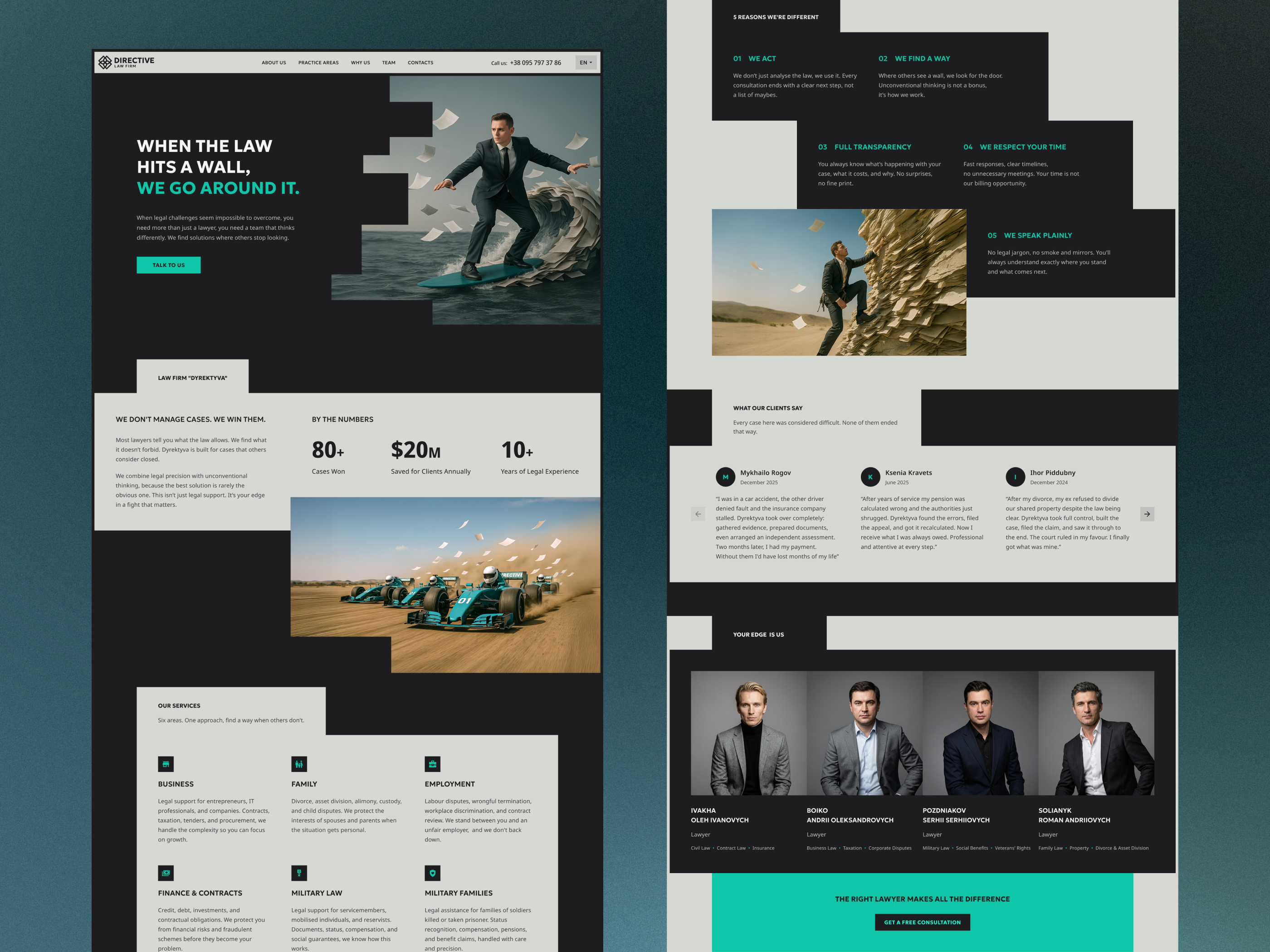 Law Firm — Full Landing Design black and teal branding editorial landing page law firm lawyers ui design web design website design