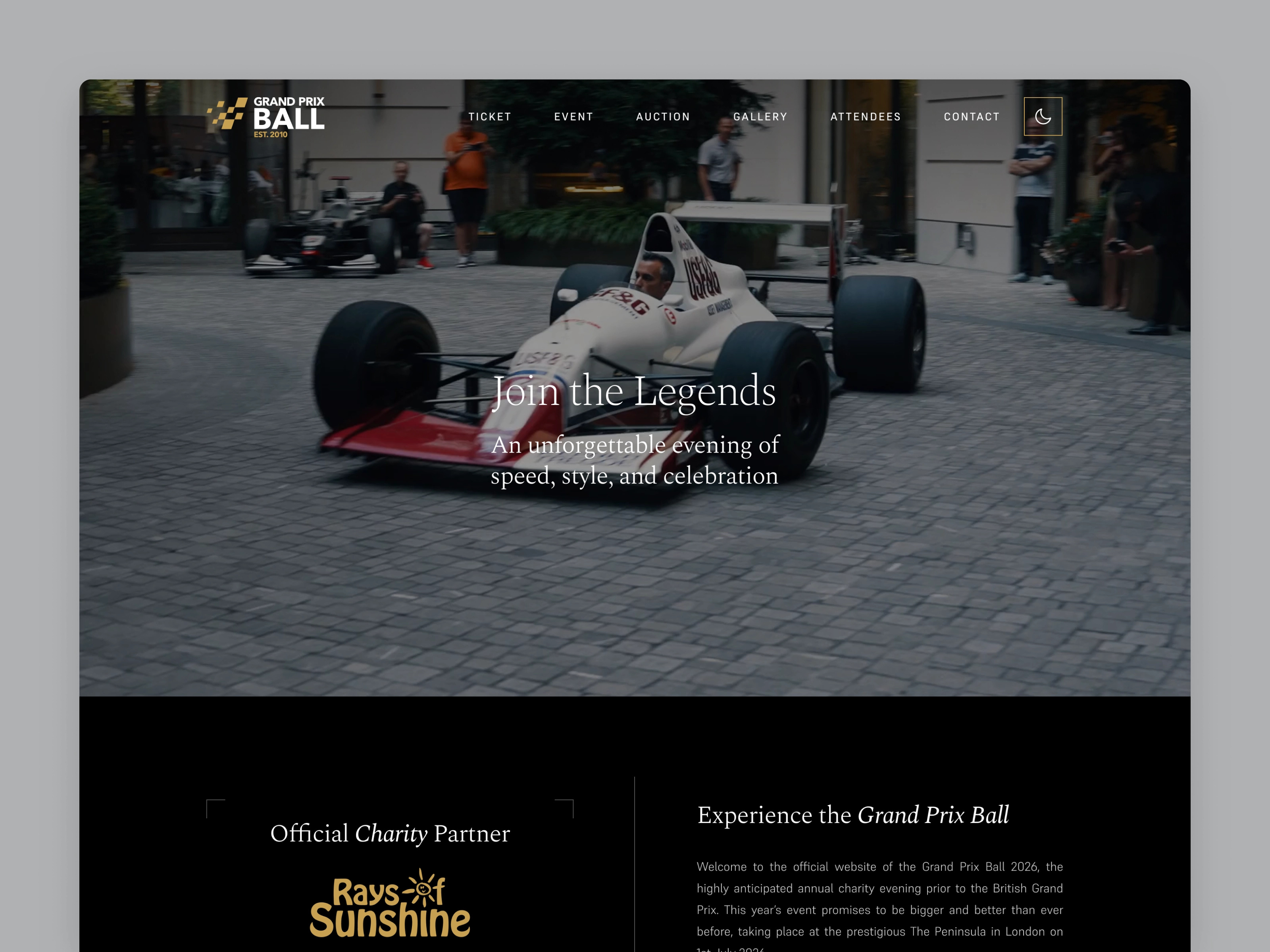 GP Ball website black and gold charity dark ui editorial design event website formula 1 luxury motorsport web design
