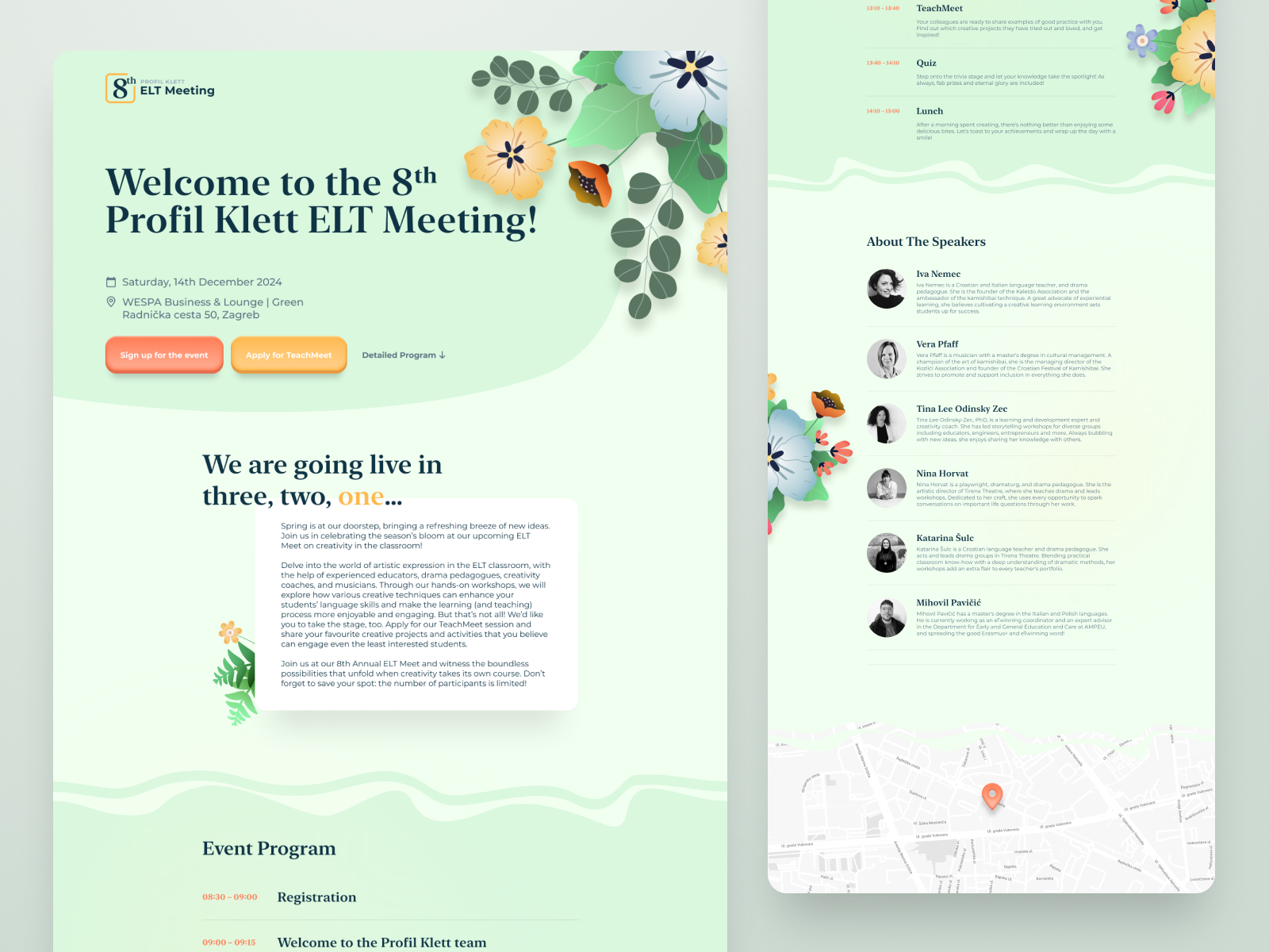 8th ELT Meeting Website botanical conference editorial edtech education elearning event floral flowers hand drawn illustration landing marketing page product design serif ui ui design ux web app web design