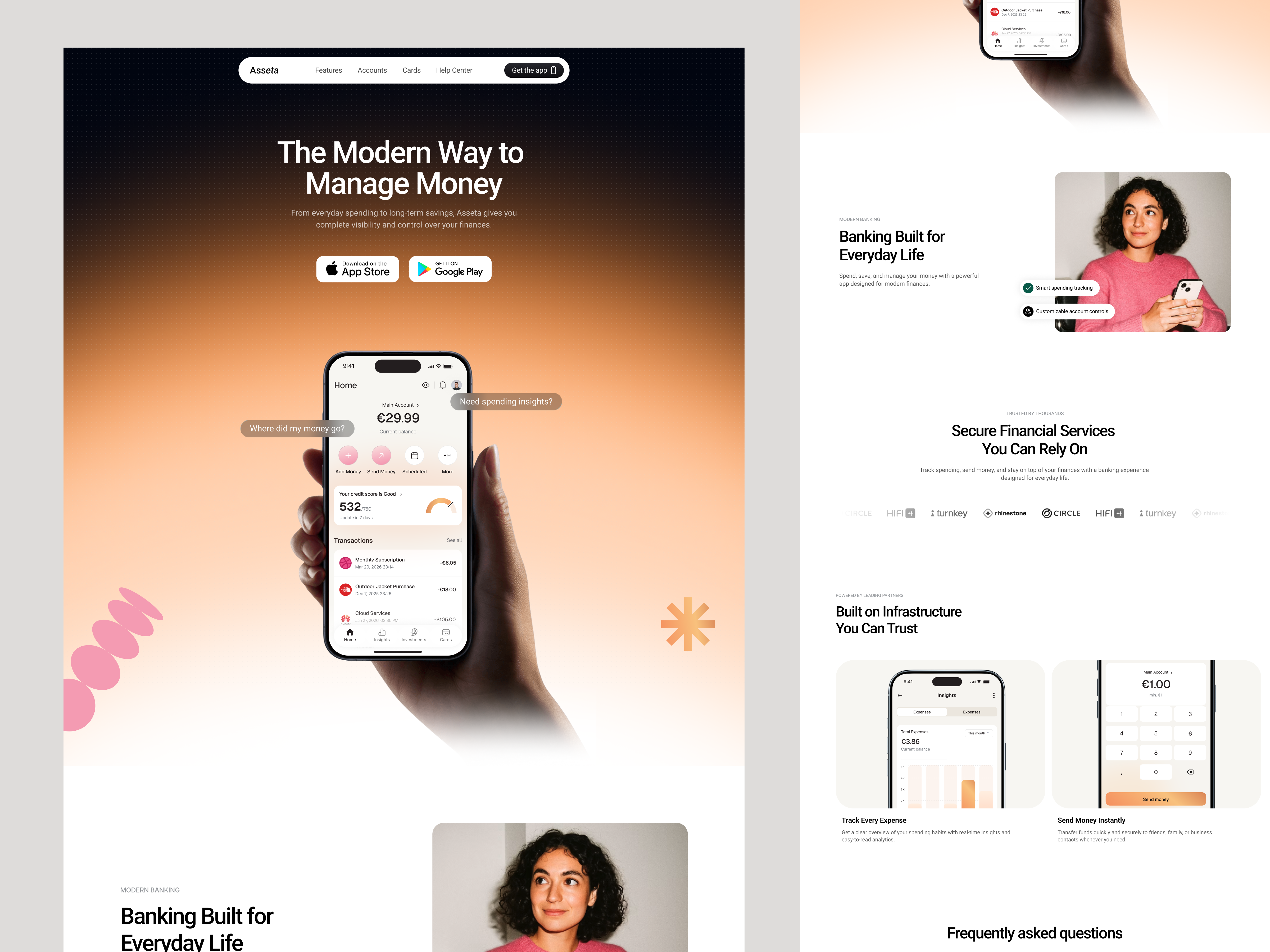 Asseta - Finance App Landing Page analytics card clean crm design e wallet finance fintech interface money online banking personal finance product saas startup ui ux web website