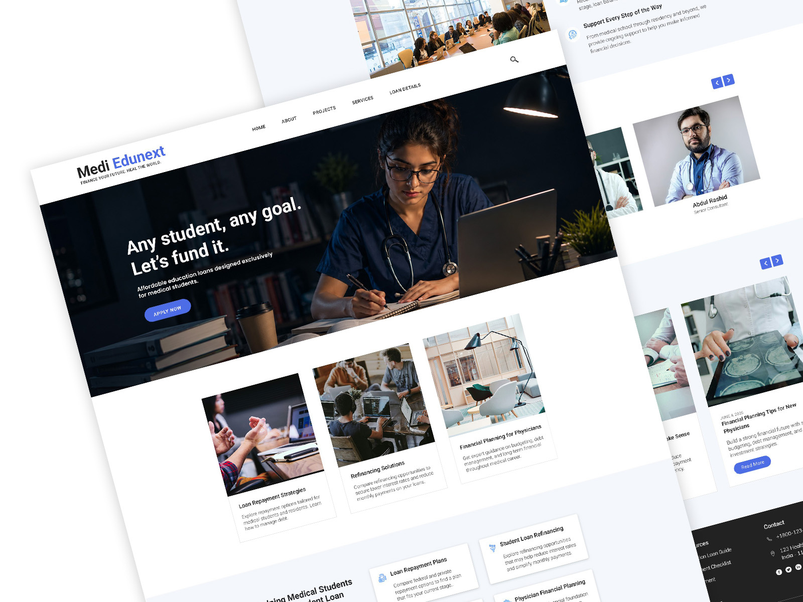 MediEdunext — Medical Student Loan Website Design clean dashboard illustration industrialdesign interface landing page lending loan minimal modern mortgage platform prototype responsive technology ui ux vector web webdesign