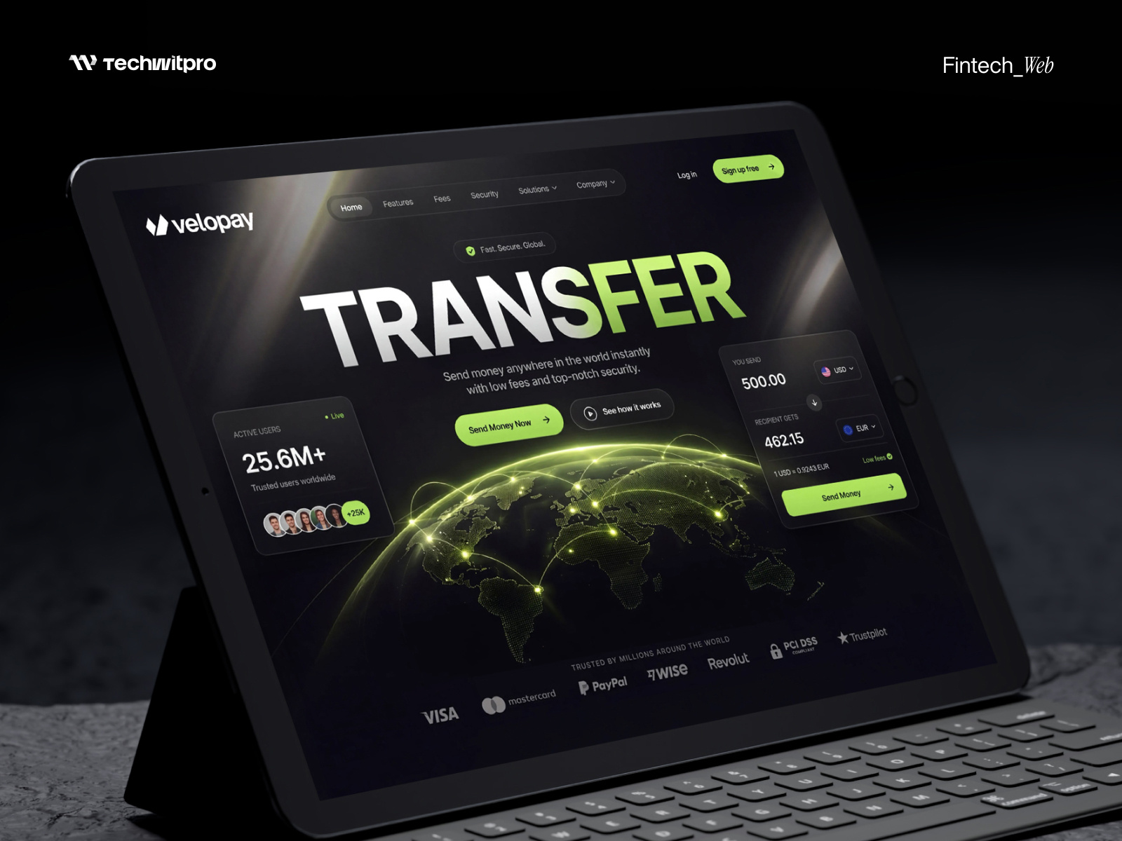 Global Money Transfer Landing Page banking ui dashboard ui development digital banking finance website financial services fintech design global payments hero section keywords fintech landing page modern interface money landin page money transfer payment app saas design user experience web design webflow website website header section