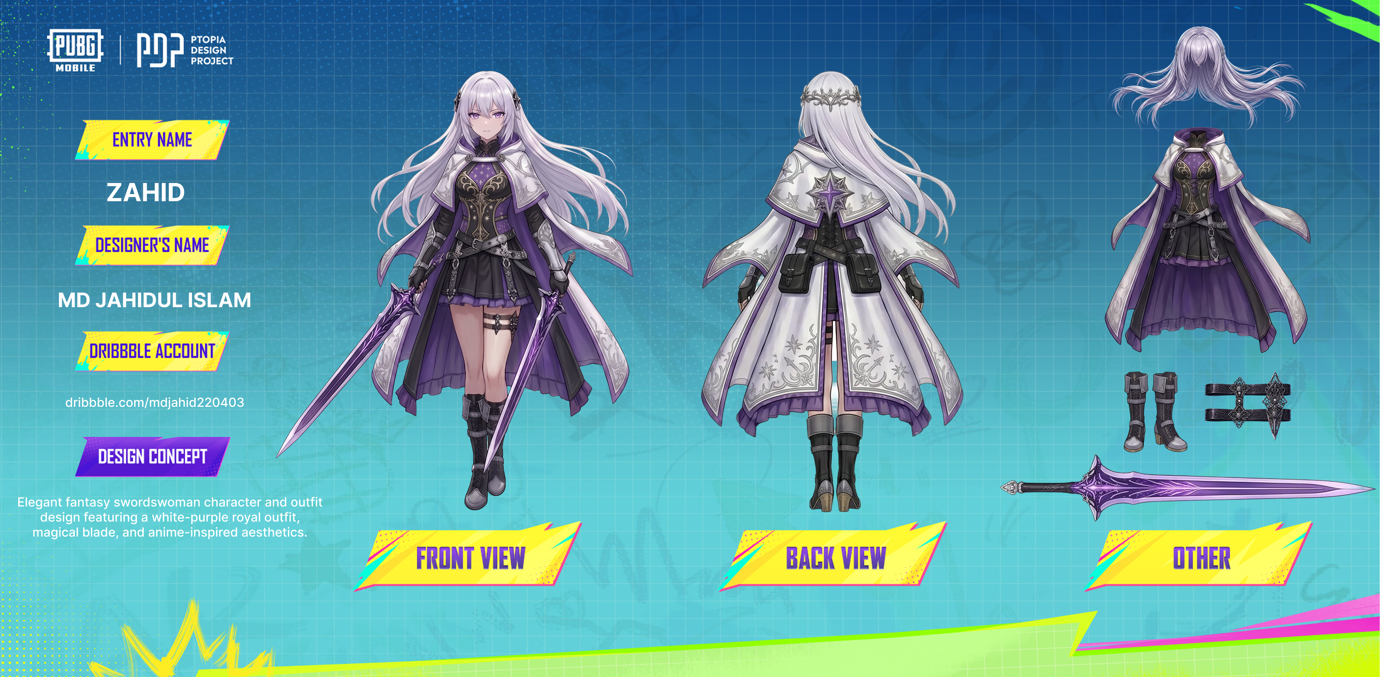 Elegant fantasy swordswoman character and outfit design anime character design anime girl character concept art elegant character design enchanted blade fantasy costume fantasy heroine fantasy knight fantasy princess fantasy swordswoman female warrior game character design magic sword magical warrior medieval fantasy purple fantasy outfit royal warrior rpg character sword master white hair character