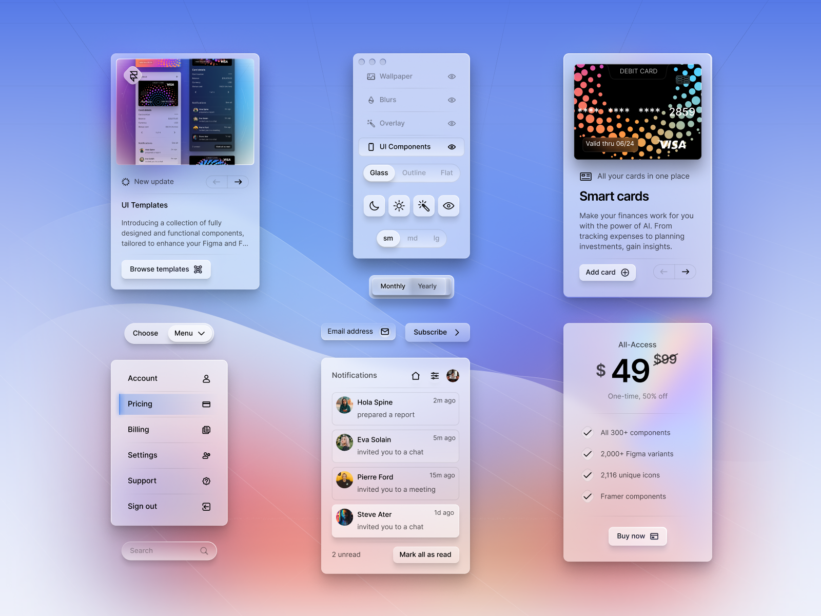 Glassmorphism UI Components — Figma Design System Kit card design component library dashboard design design system figma figma template fintech ui form ui frosted glass glassmorphism gradient ui navigation design pricing ui product design saas ui ui components ui design ui kit visual design web ui