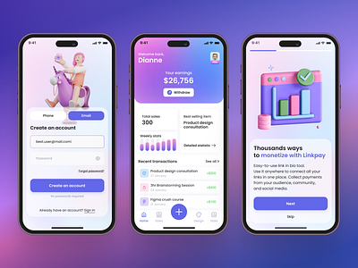 LinkPay - Link-in-bio tool colorful ui fintech gradient inspiration login form mobile ui online payments statistic stats ui
