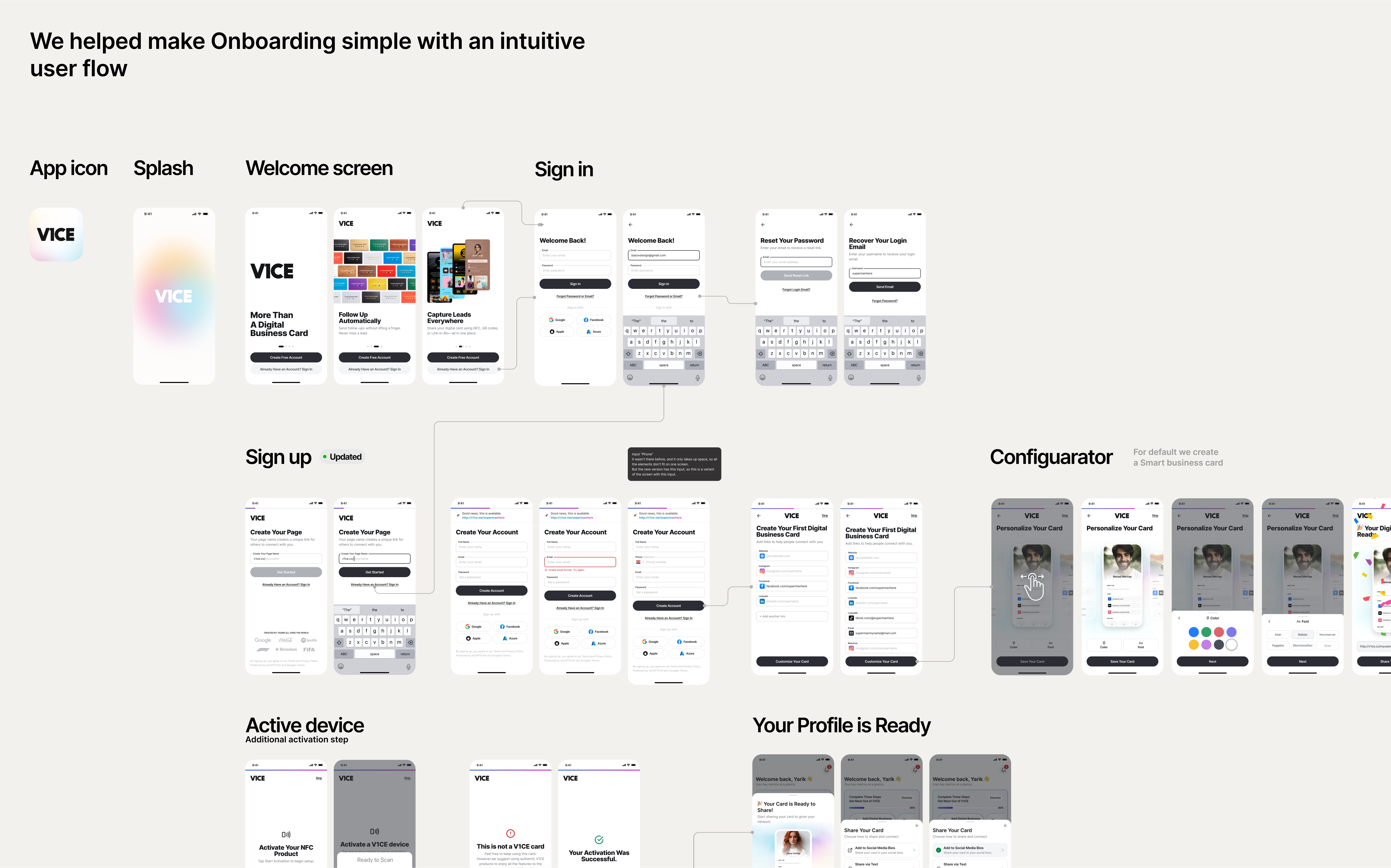 Onboarding simple with an intuitive user flow V1CE Mobile App app design dashboard design digital business card intuitive user flow mobile app my links networks nfc bio nfc business card nfc business cards nfc card nfc profile onboarding onboarding flow product design share your info simple user interface v1ce web