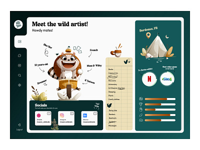 Meet the artist - Dashboard Wild adventure dashboard design france freelance graphic design illustration meet the artist profile raccoon travels ui uidesign user webdesign website wild