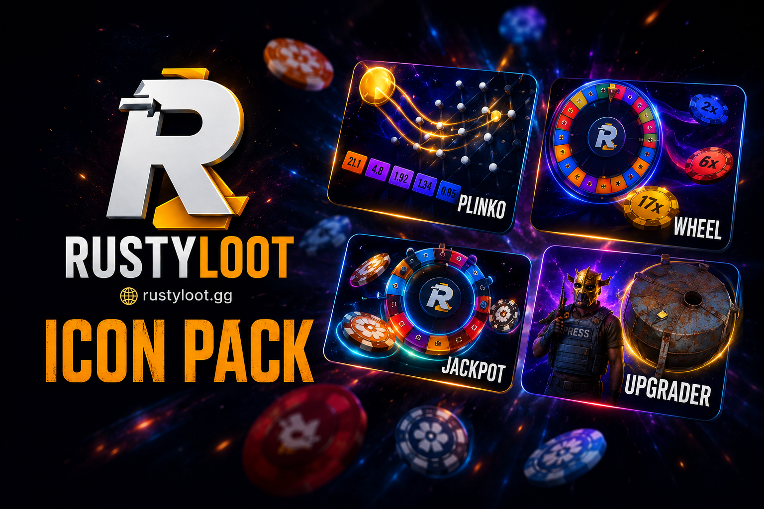 RUSTYLOOT.GG — Premium Rust Game Icon Pack branding casino game gamedesign gamedev gaming gamingicons graphicdesign icondesign illustration juicyart rustgame rusticonpack rustyloot