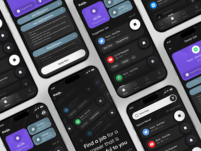 Kerja - Job Finder Mobile App app career dark employee hire hiring hiring platform job find job finder job listing job portal job search mobile app mobile app design ui uiux ux vacancy