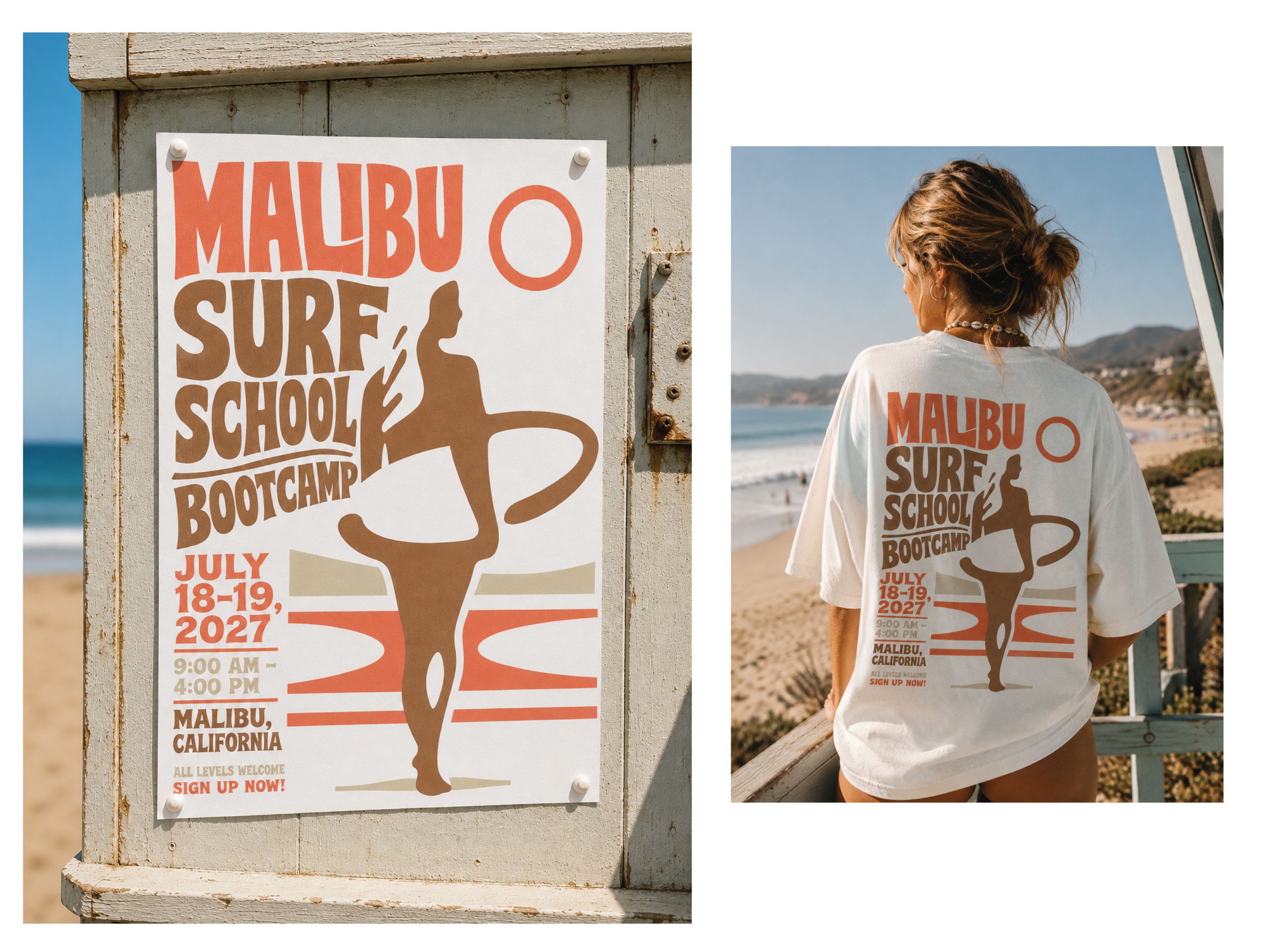 Malibu Surf Bootcamp - Poster Illustration and Design 60s art beach block print branding california illustration lettering midcentury modern mod modern poster print retro school sports surf surfer woman women