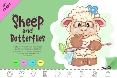 Cartoon Sheep and Butterflies. butterflies