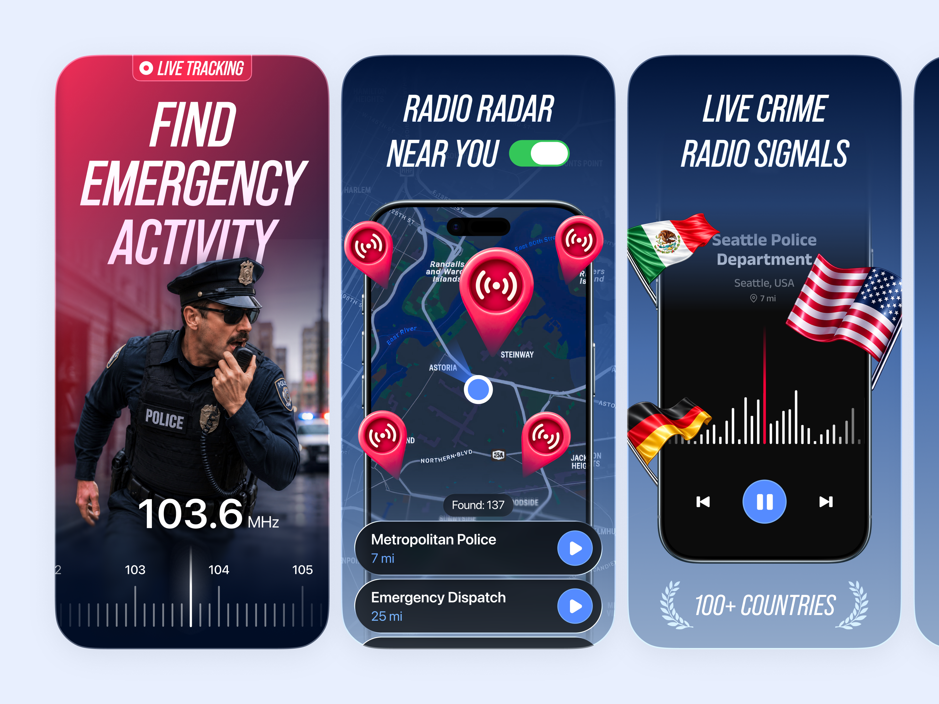 App Store Screenshots · Police Radio & Crime Radar app aso crime dispatch emergency google play ios map onboarding police promo radar radio scanner screens screenshots signals store tracking ui