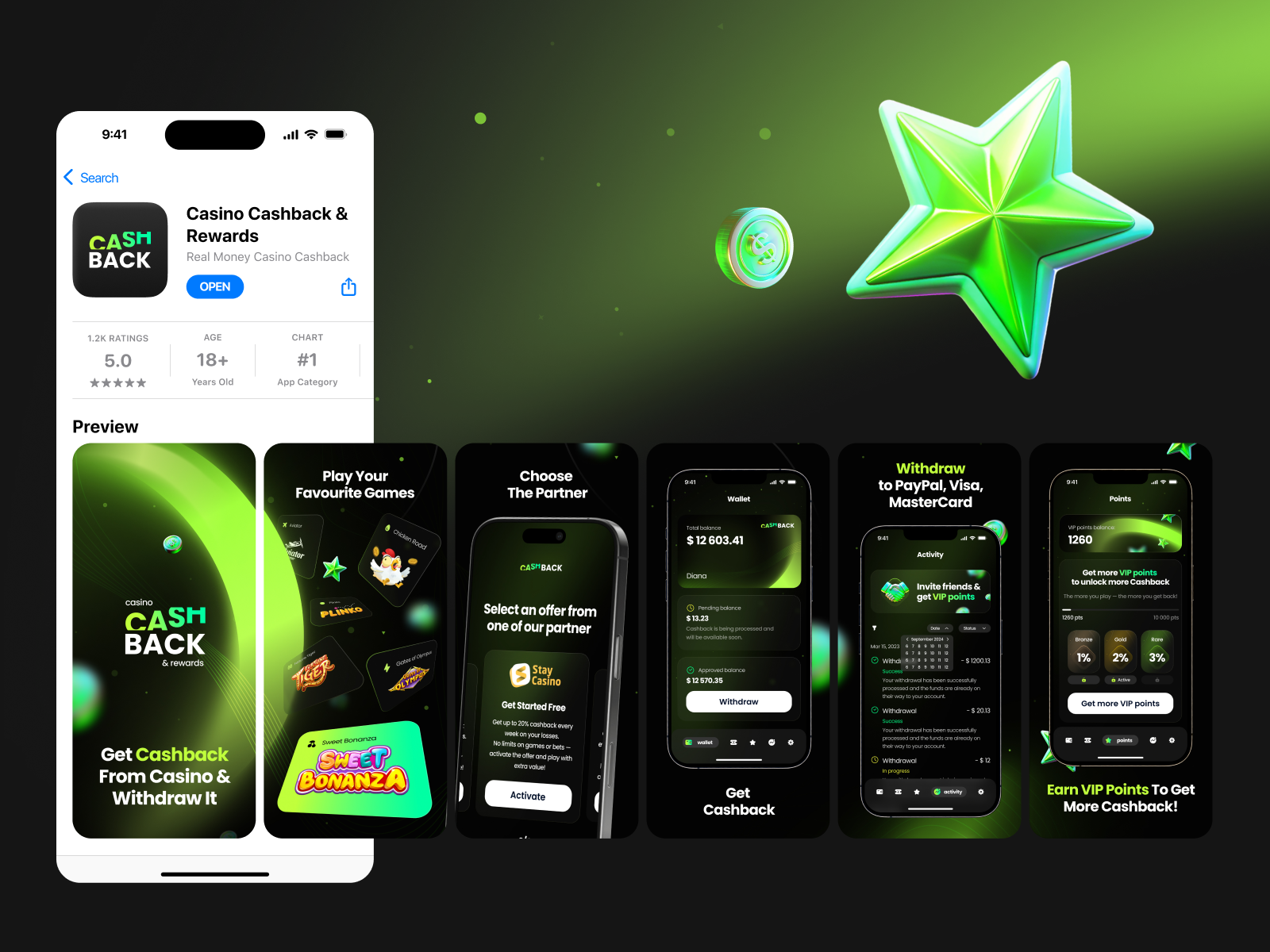 Casino Cashback & Rewards App Store Preview app marketing app preview app store design app store screenshots cashback app cashback rewards casino app dark ui fintech igaming ios app mobile app mobile product product design rewards system ui design ux design visual design
