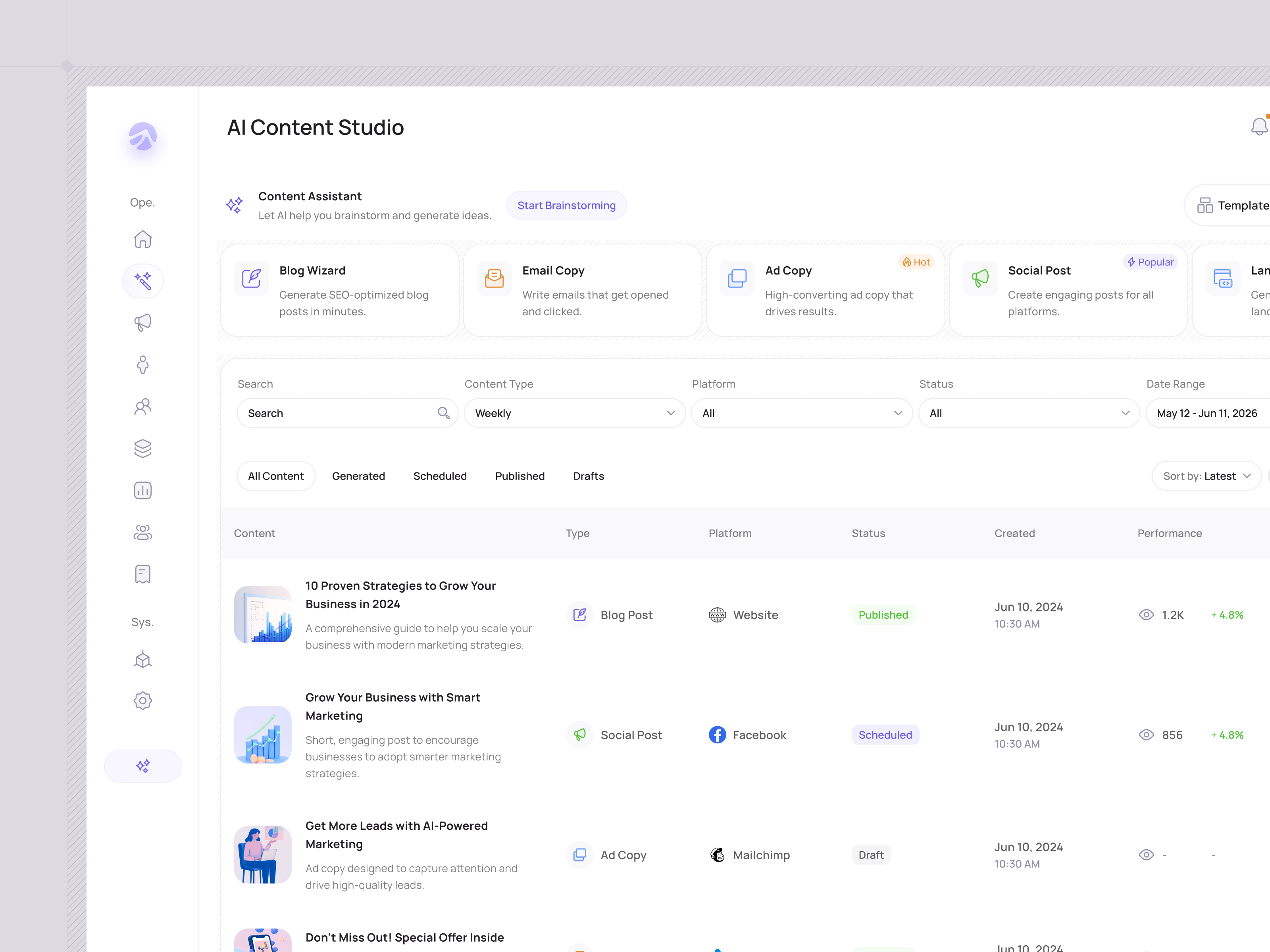 eGrow — AI Content Studio Screen Design agency dashboard ai content creator ai product ai social post generation ai ux analytics dashboard b2b b2b design creative design dashboard design figma marketing dashboard modern ui product product design saas design startup design uidesign uxdesign