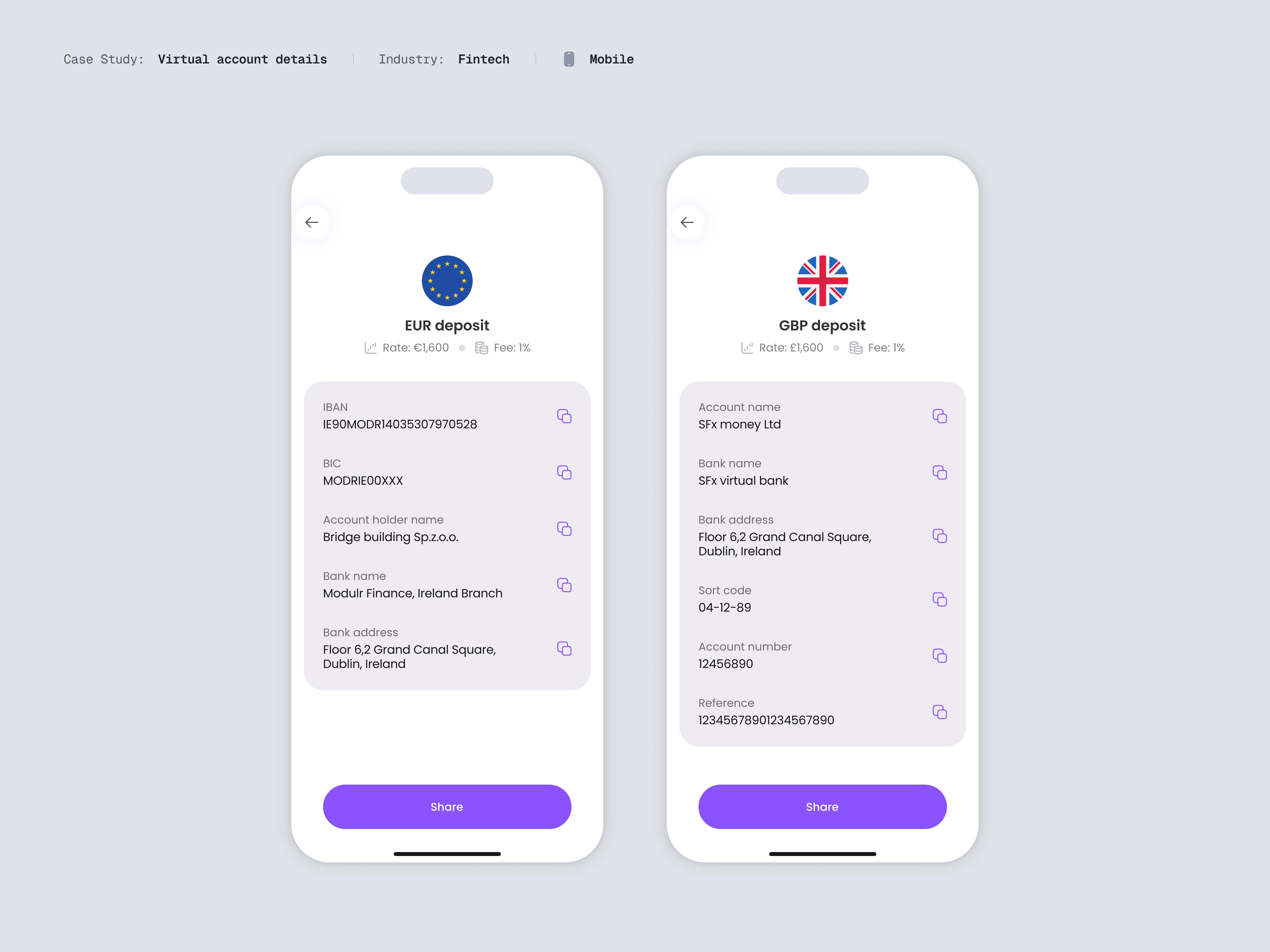 Virtual Account Details — EUR & GBP Deposit Screen account details add money fintech mobile ui
