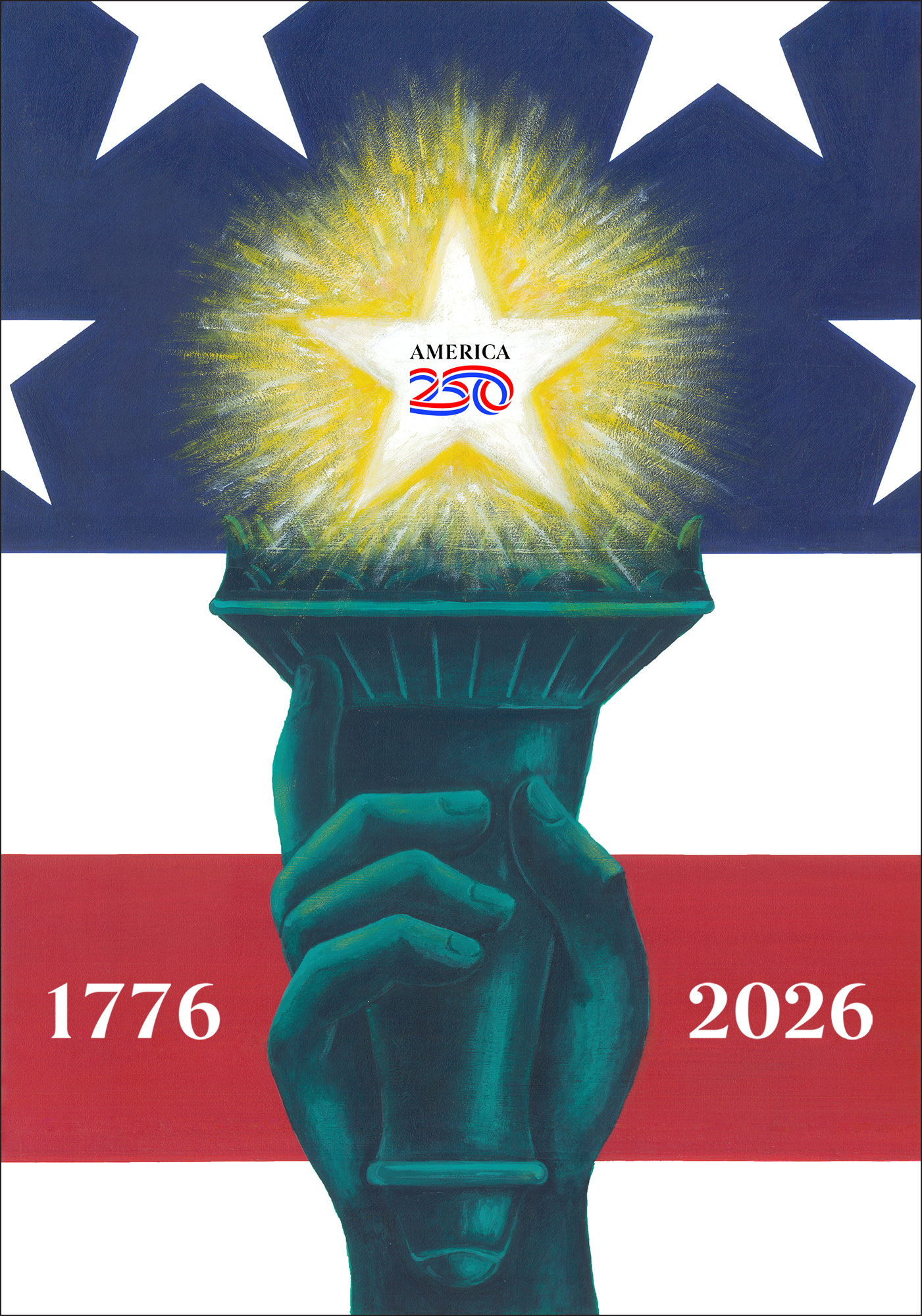 Liberty centennial revival for America 250 1776 2026 1986 acrylic paint america 250 analog blue celebration flag flame green illustration liberty monument paint brush poster red star statute torch united states