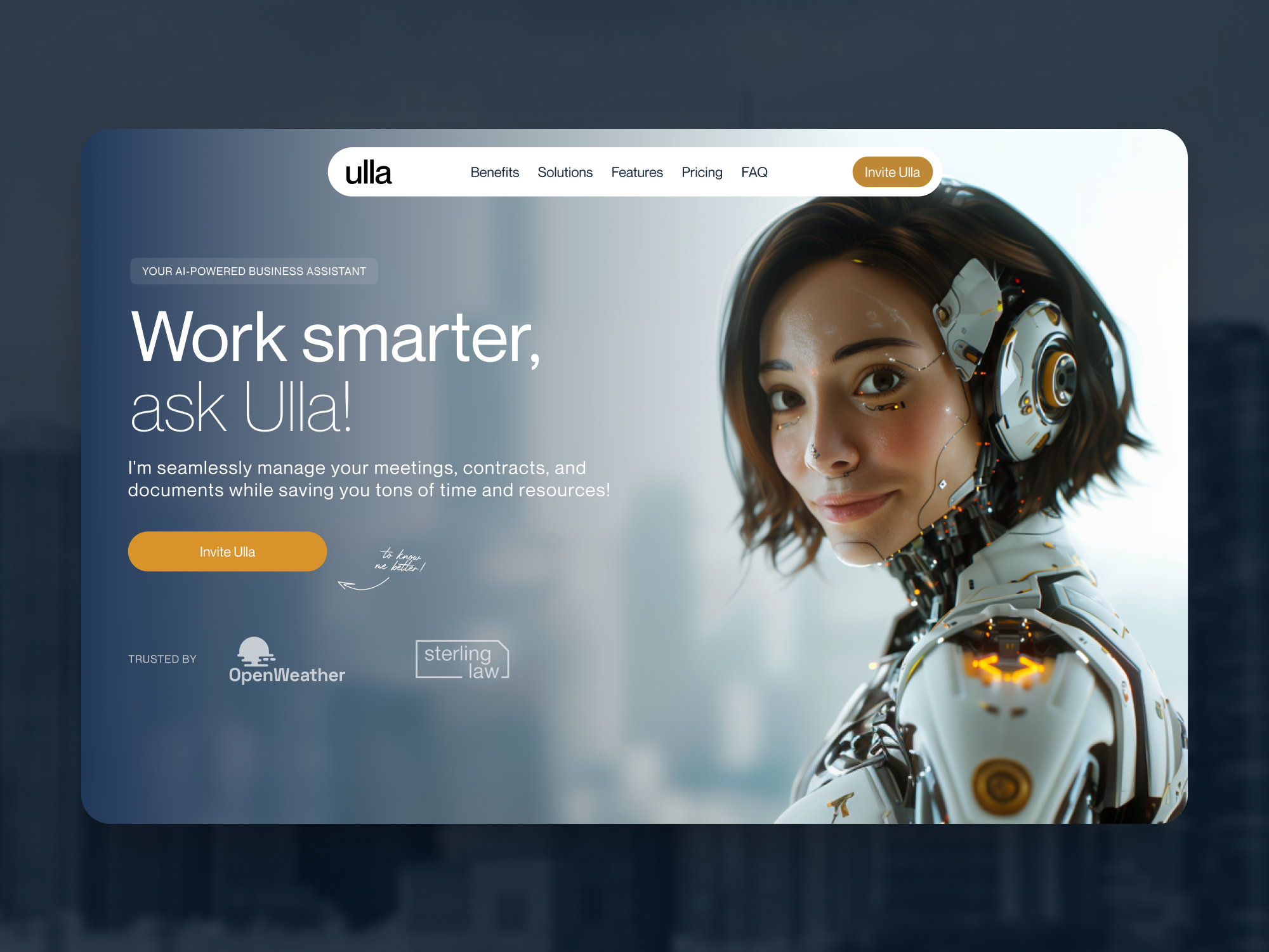 Ulla | AI Business Assistant Landing Page Design ai virtual assistant ai website artificial intelligence uiux automation dashboard ui b2b saas design cloud app product design conversational ai web corporate landing page corporate portal ui digital automation interface machine learning website modern tech ui platform website productivity tool ux saas landing page smart assistant web software user experience tech business app tech startup landing web app user interface