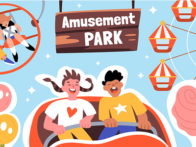 Amusement park scenes adobe illustrator amusement park characters cute design emotions family flat fun holiday illustration vacation vector