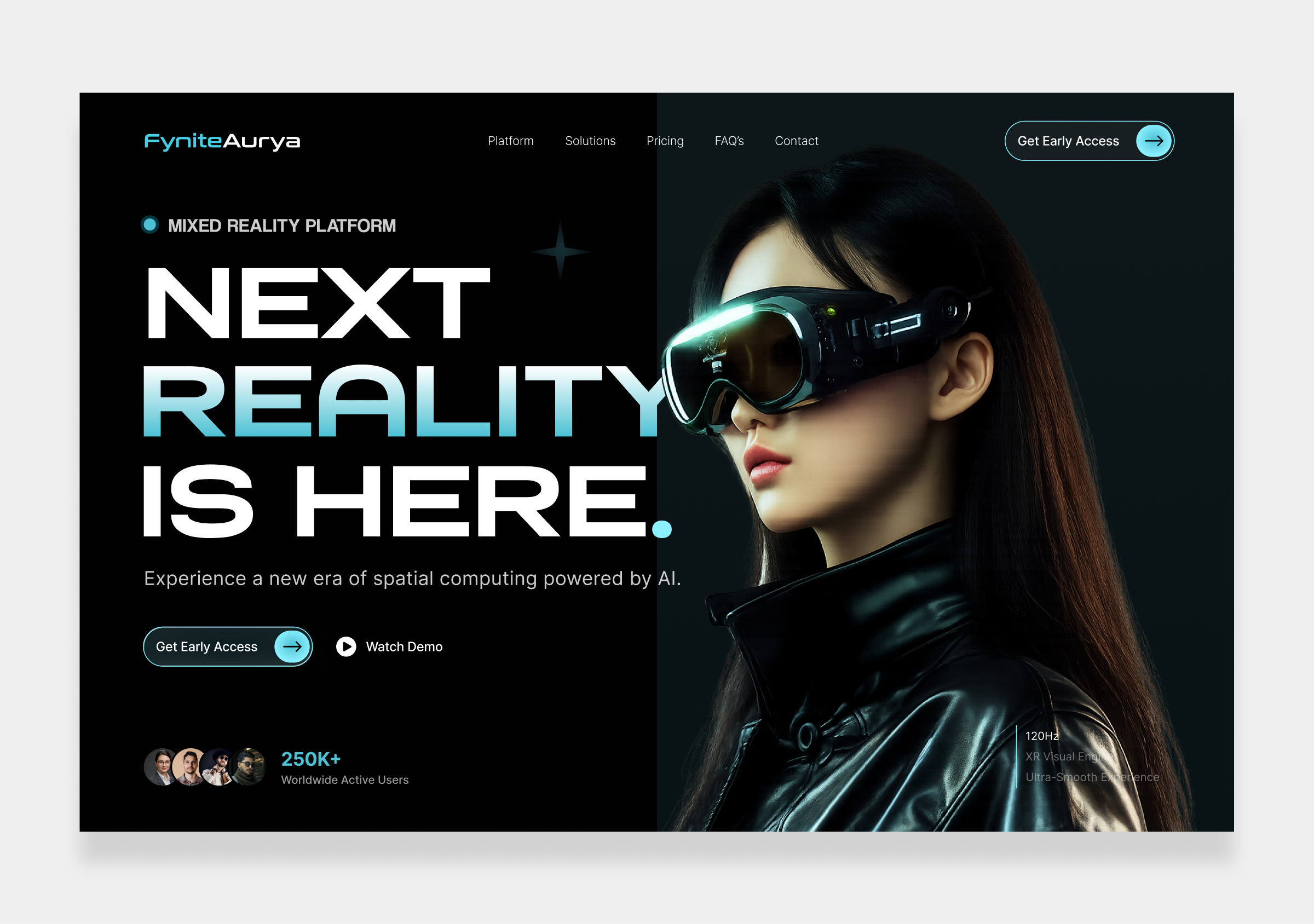 FyniteAurya — Mixed Reality Website Hero UI Concept ai ar figma futuristic ui hero section landing page mixed reality product design saas spatial computing ui ui design ux design vr web design xr
