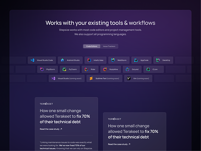Stepsize - Integration 🧬 dashboard development integration purple saas tools ui ux