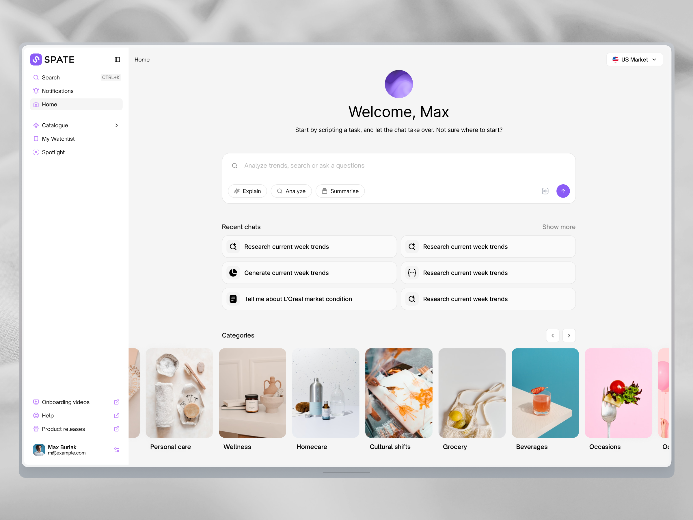 Home Page AI Assistant conception for Spate.nyc ai ai assistant analytics categories chat chat ai claude dashboard home page input input field llm modal platform recent suggestions ui