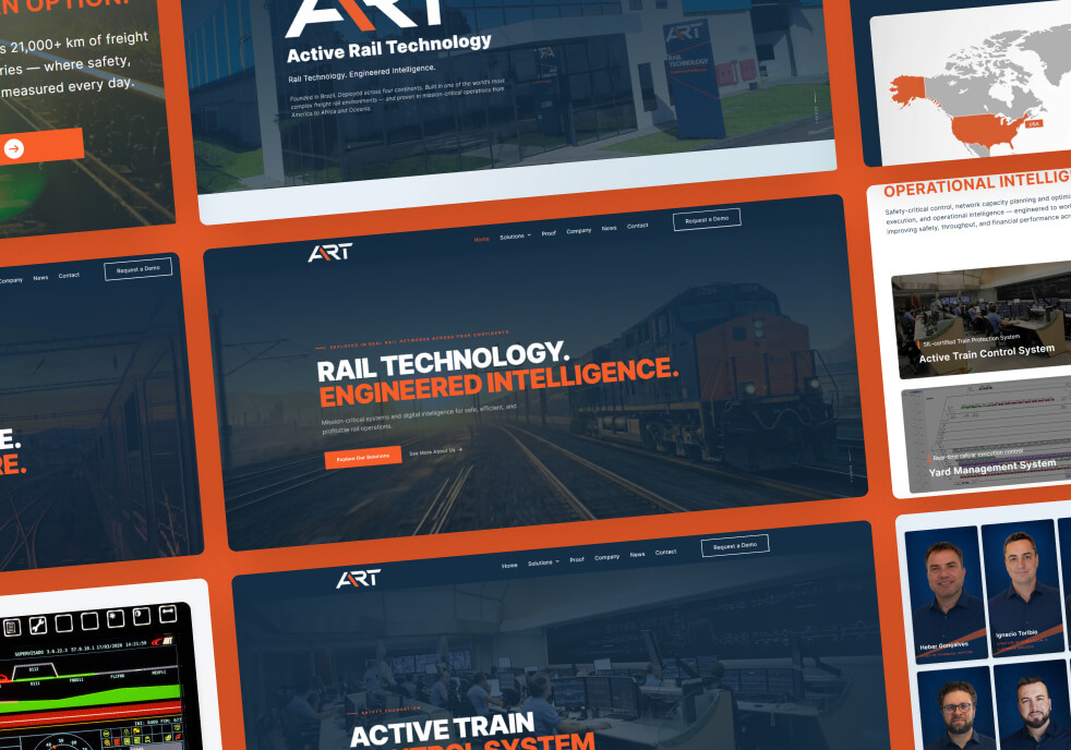 Full Website Redesign for a Railway Technology Company business corporate elementor enterprise figma industry landing page orange and dark blue rail railway redesign services technology train company web design website wordpress