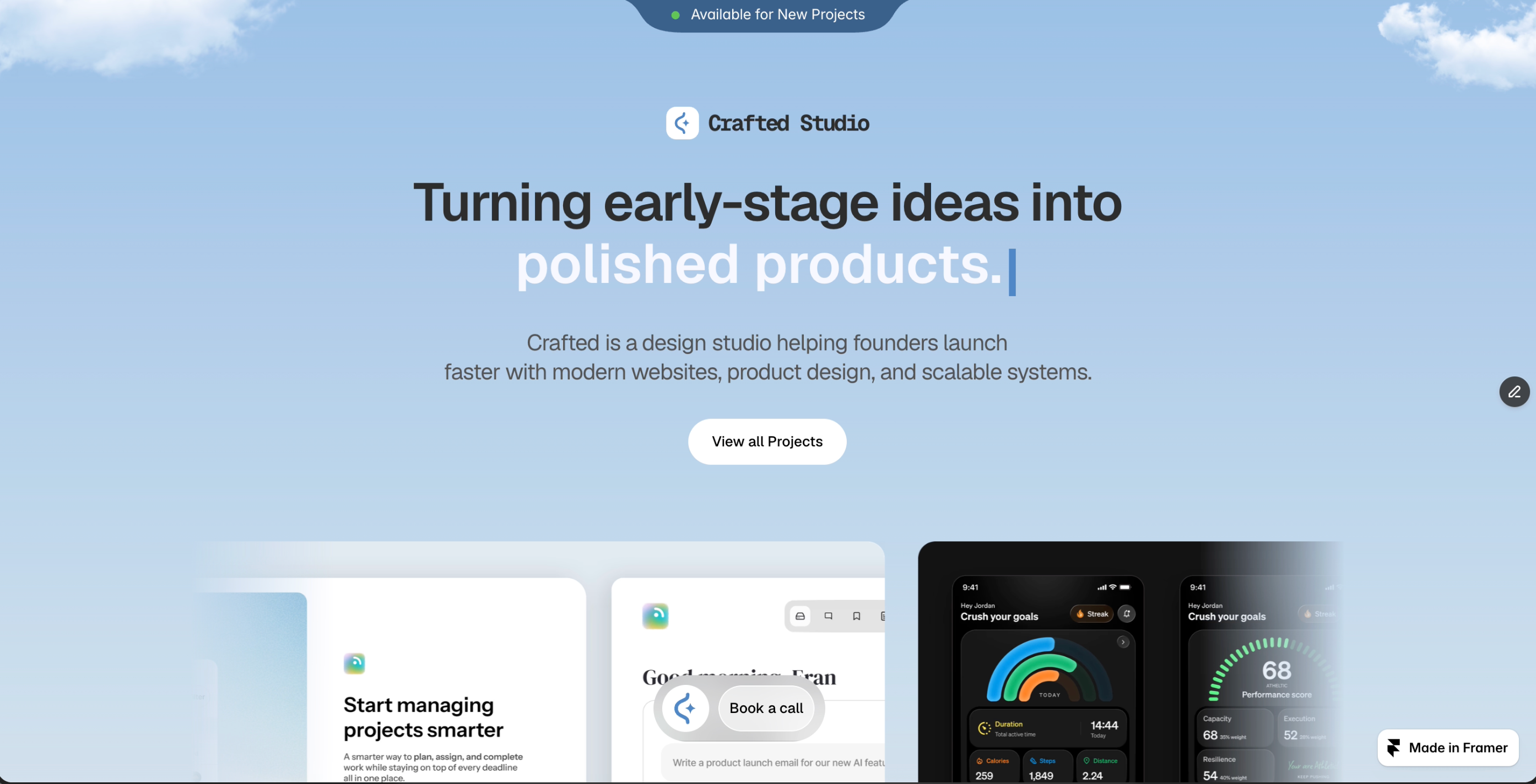 Crafted studio built completely on Framer animation branding figma framer landing page motion graphics studio ui ui ux