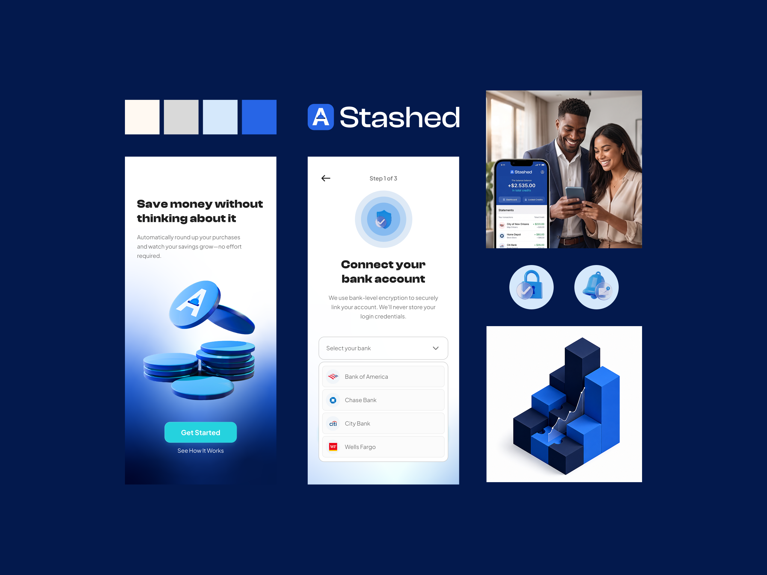 Stashed — Multi-Bank Fintech App & Onboarding 3d appdesign bankingapp designsystem fintech minimalistdesign mobilefirst onboarding productdesign ui