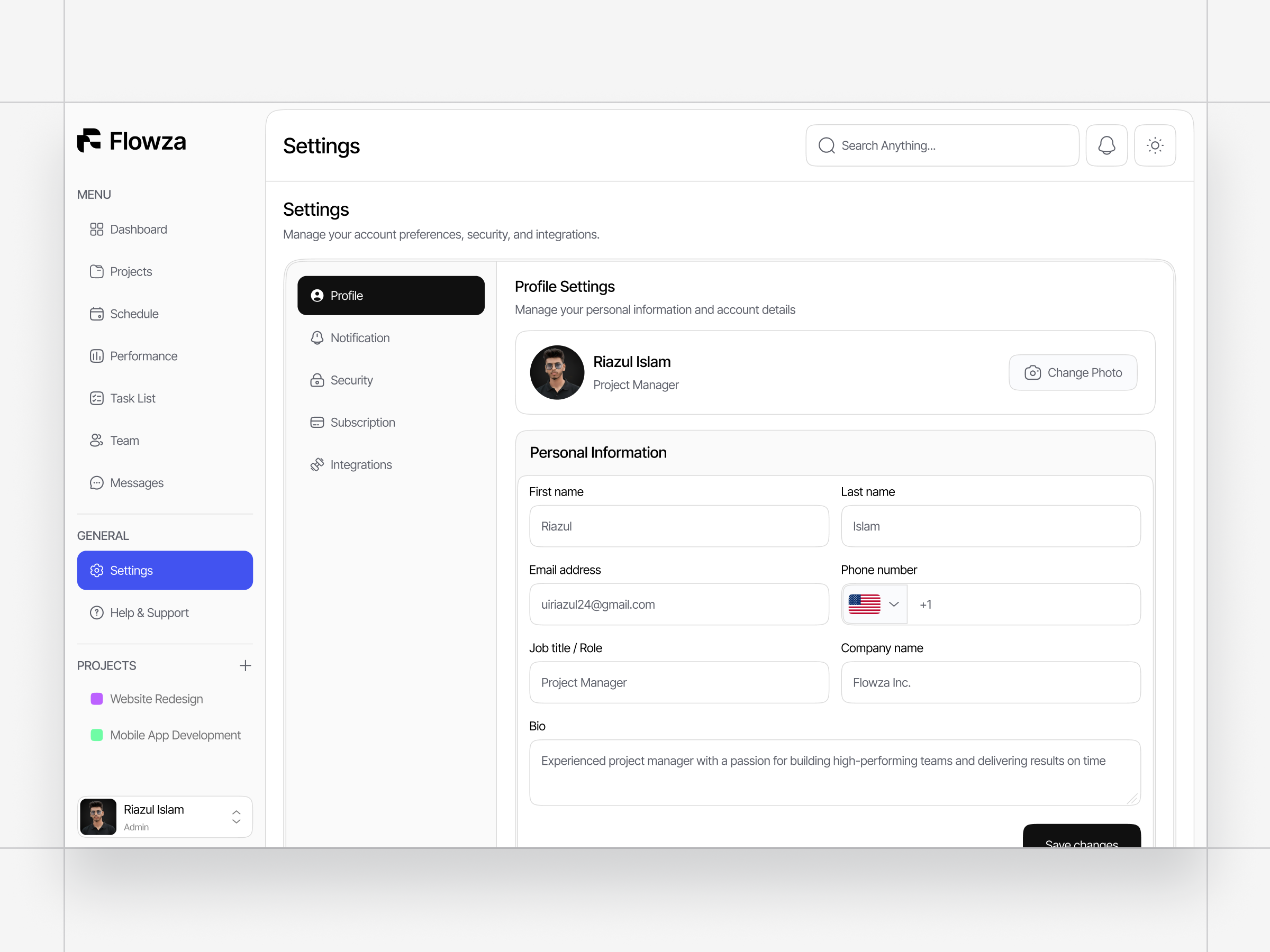 Profile settings page account management account settings admin interface dashboard form preferences product profile page profile setting saas settings side bar web