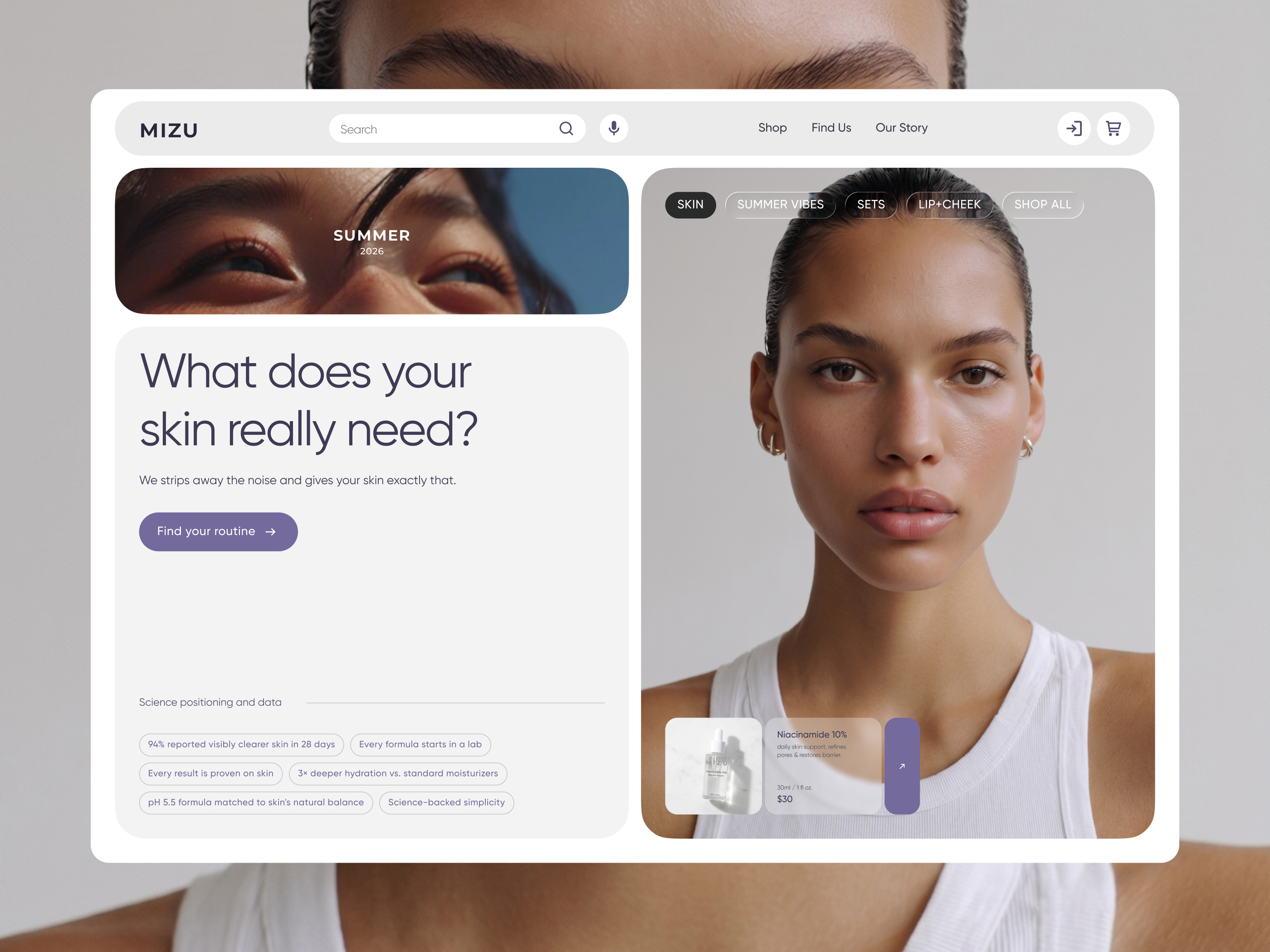 Mizu Skincare — Pure & Proven beauty clean e commerce figma framer homepage minimal modular science skincare typography ui