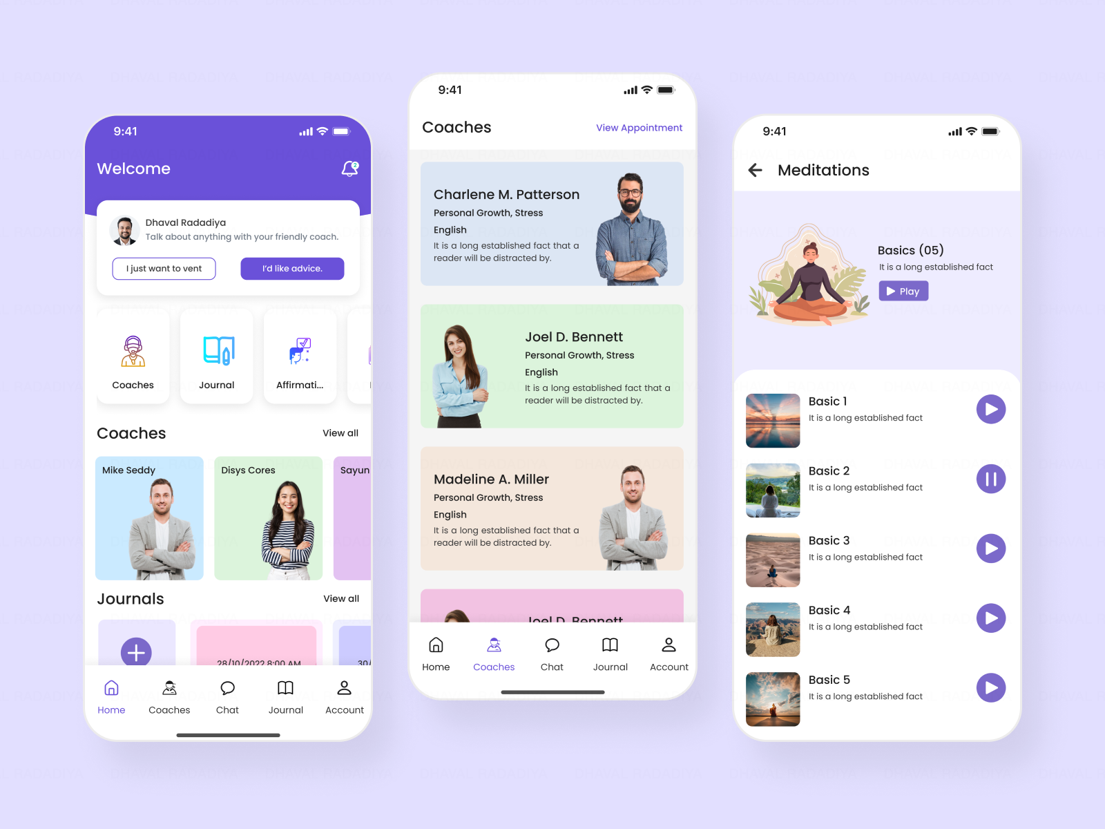 Meditation Mobile App UI/UX Design app app design booking chat clean coaches creative journal meditation minimal minimalist mobileapp modern prototyping ui ui ux ui ux design ui ux designer ux ui wireframing