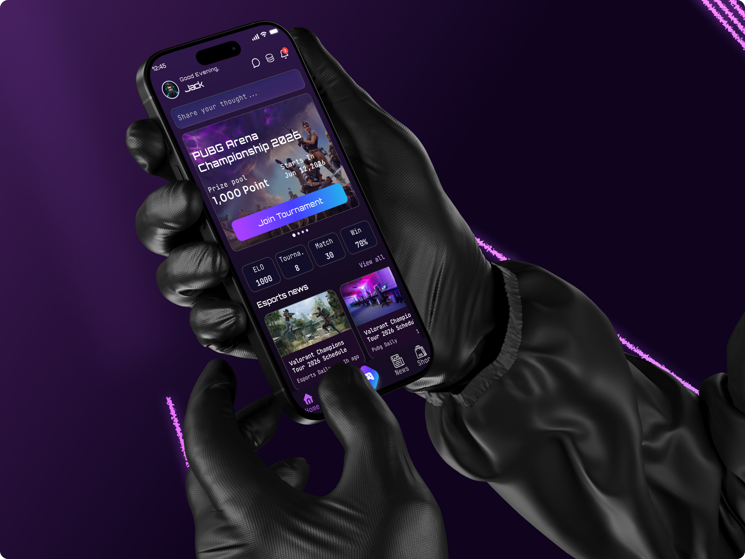 Esports Tournament & Gaming Community App competitive gaming dark mode ui dribbble esports esports app esports platform gaming app gaming community gaming ui mobile app design mobile ui player profile product design startup app team management tournament app ui design ux design