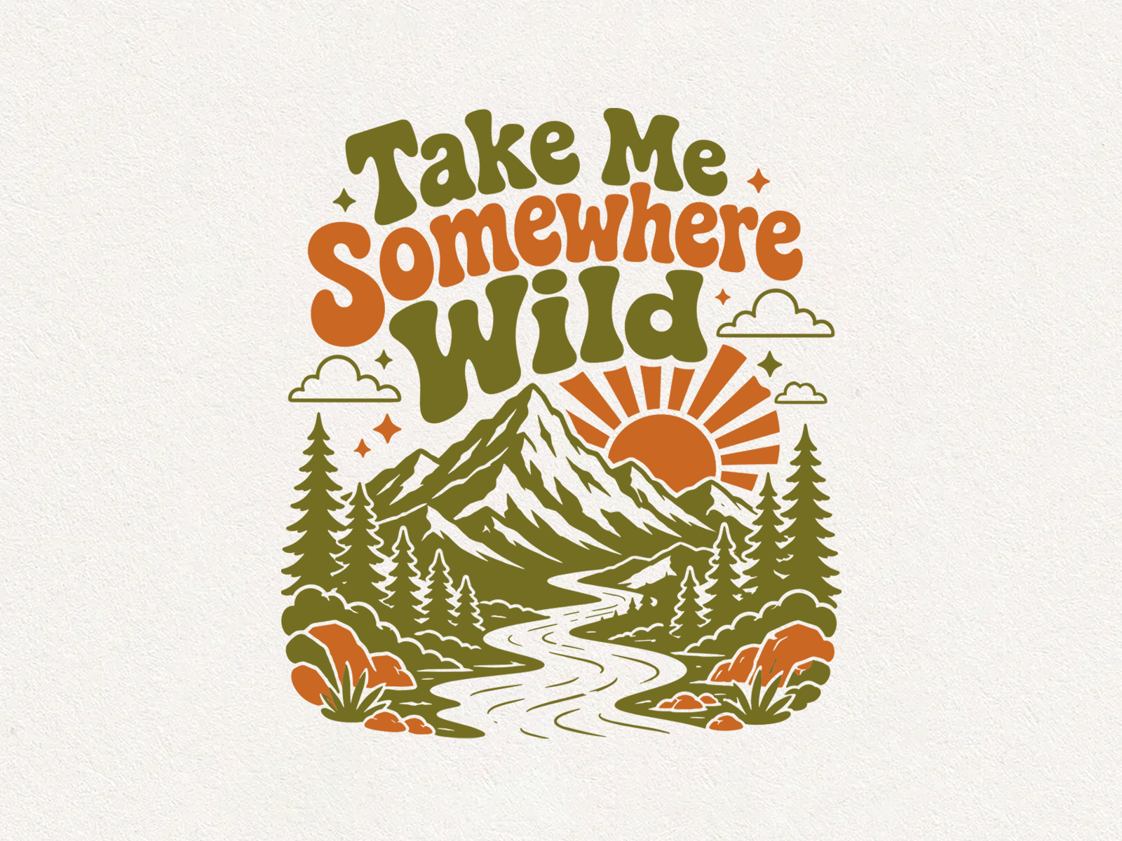 Take Me Somewhere Wild | Hiking T-Shirt Design adventure apparel adve…t shirt design apparel design boho design camping design earthy palette graphic tee groovy typography landscape illustration merch design mountain design nature art outdoor illustration pod design print on demand retro design travel design typography vintage style