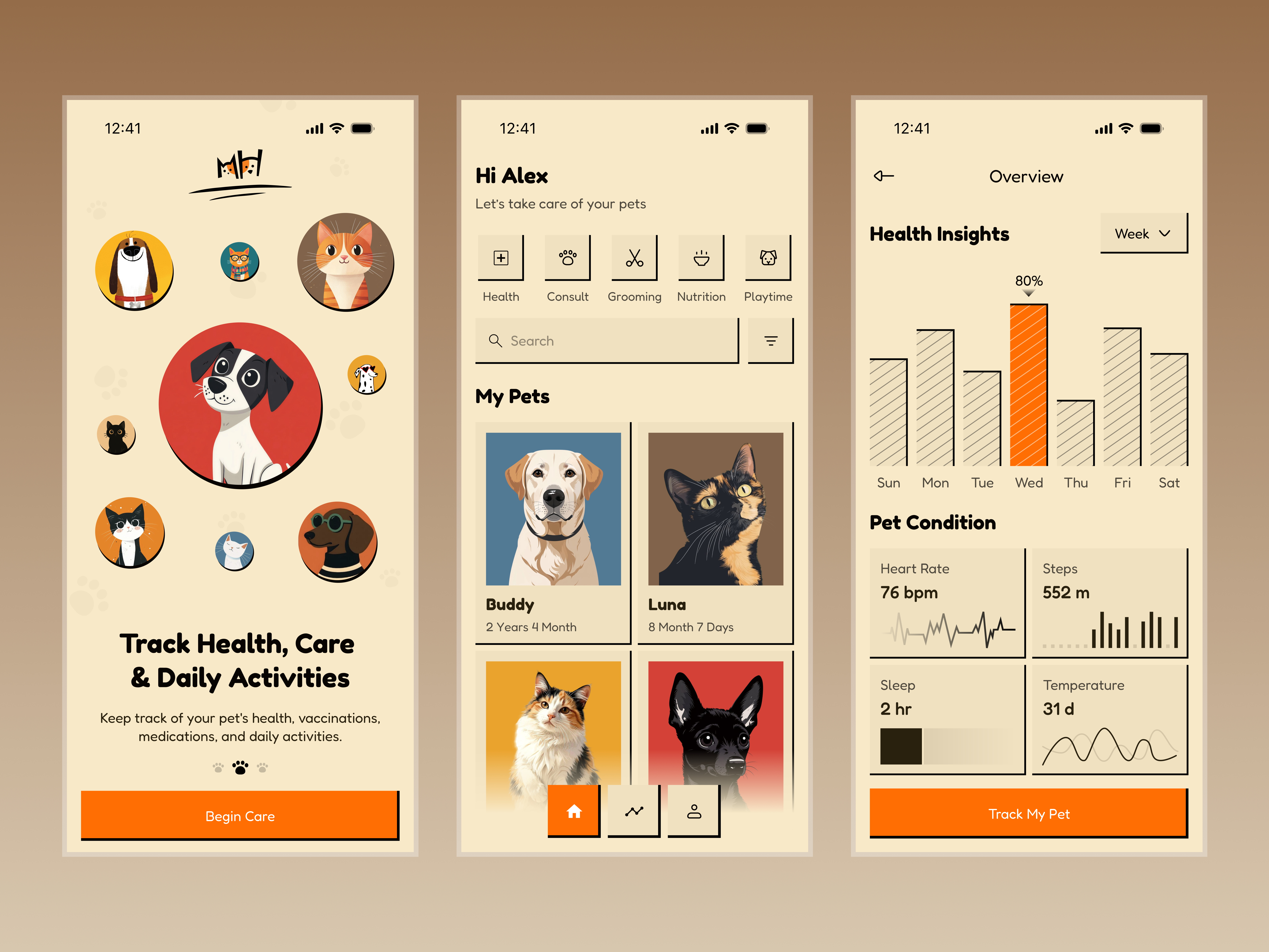 Pet Wellness Tracker App UI - Smart Health & Care Companion animal wellness care management health tracking mobile app design mobile ui mvp design pet adoption pet care app pet health pet tech pet wellbeing veterinary app