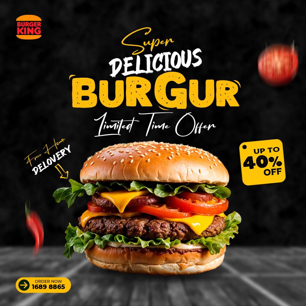 Burger Advertisement Social Media Design advertisement bannerdesign branding burgerdesign commercialdesign creativedesign digitaldesign dribbble fastfood foodadvertisement fooddesign graphic design graphicdesign marketing photoshop posterdesign promotionaldesign restaurantdesign socialmediabanner socialmediadesign