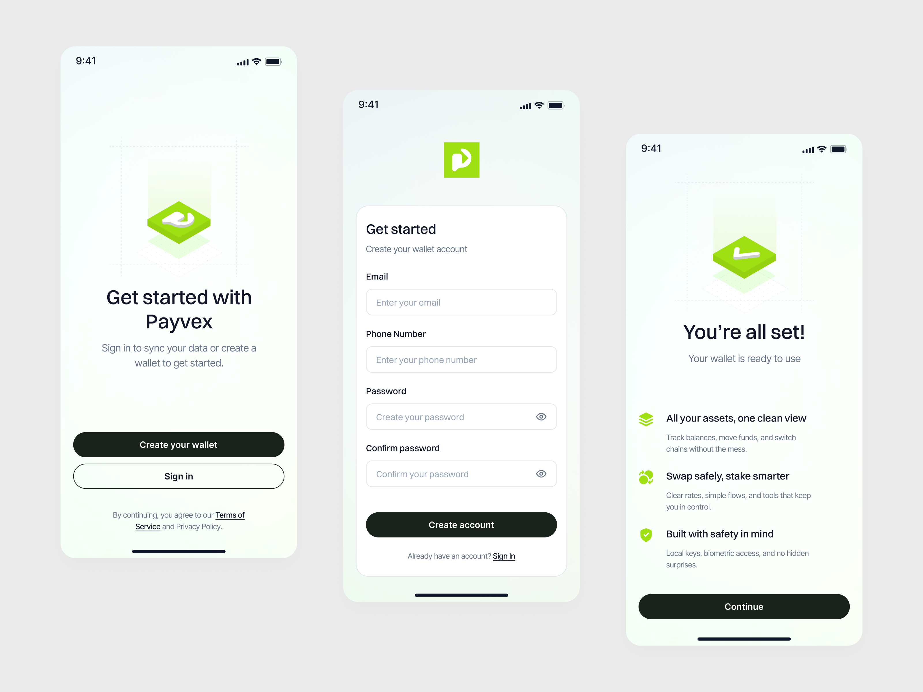 Payvexx - DeFi Mobile App Sign Up Page b2b clean crypto app cryptocurrency ios app minimalist mobile app modern product design professional saas startup ui design uiux