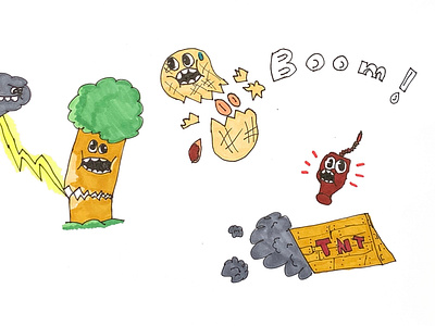 Things that go BOOM arteza boom break cartoon character cloud dynamite explode expressions faces illustration illustrator lightning markers peanut smoke tnt tree weather wood