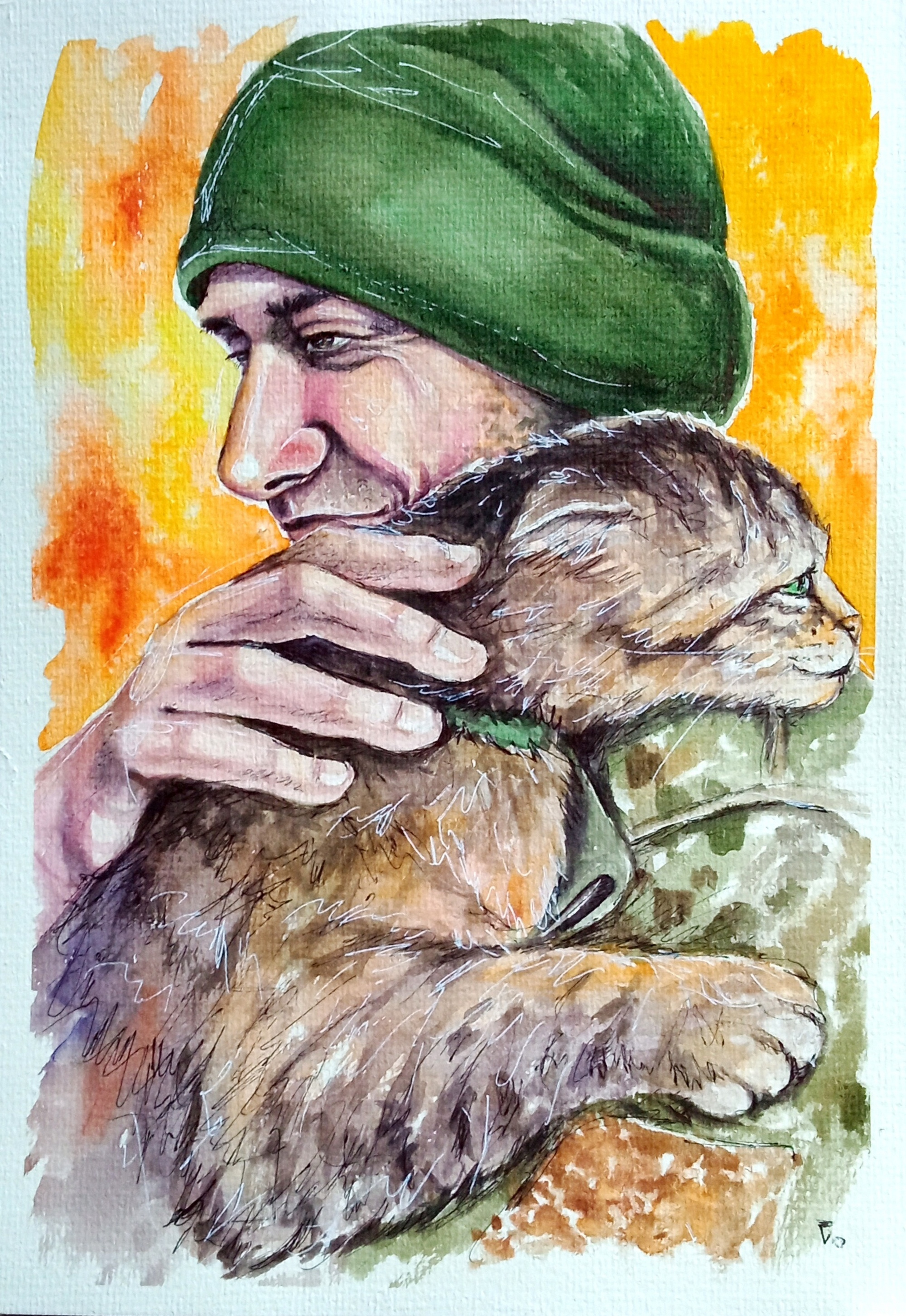 Original Watercolor Painting Ukrainian Soldier with Cat, War Art army art cat hand painted handmade military paint painting soldier ukraine