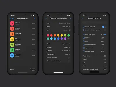 SubsHero subscription tracking app app app design apple dark dark mode design elegant figma illustration ios iphone minimal mobile mobile design rainbow subscription tracker tracking ui ux