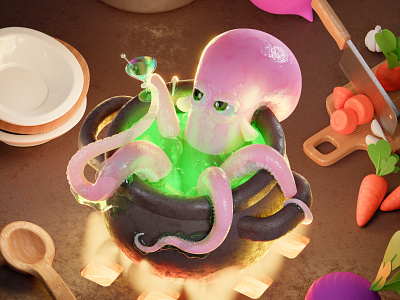 Relax 3d art cgi character cooking creature fire food game game art illustration ios kitchen light mobile modelling octopus props render supercell