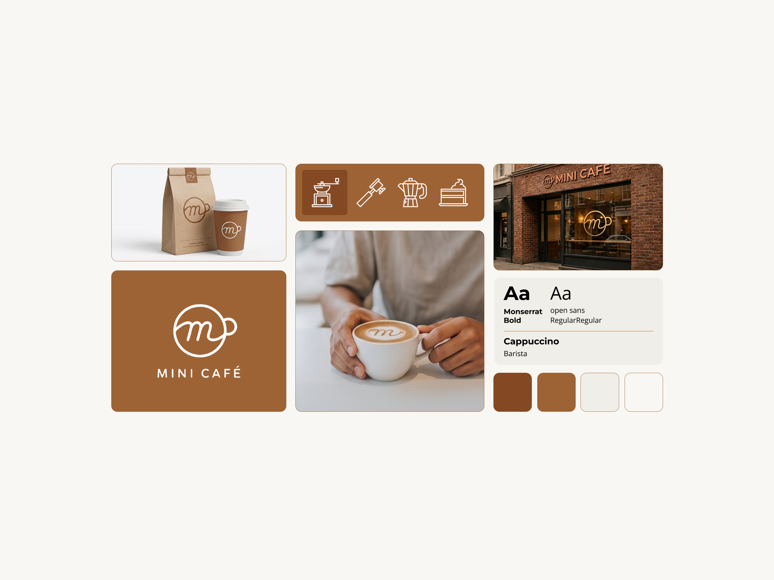 Mini Café — Brand Identity, Logo & Packaging brandidentity cafebranding coffeeshop foodandbeverage iconography minimalistlogo packagingdesign storefront typography visualsystem