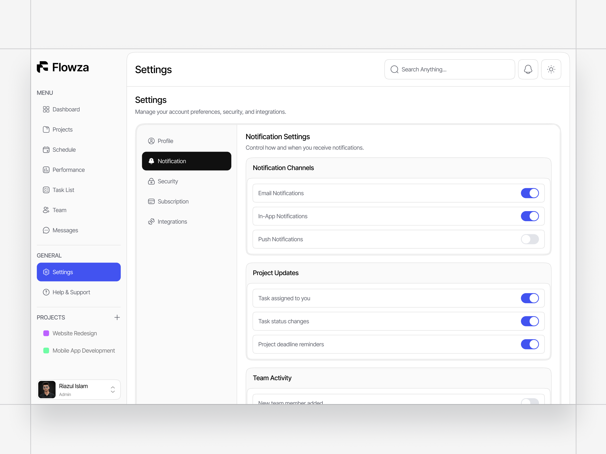 Notifications settings page dashboard design system minimal notification settings notifications preferences product project management saas settings settings page sidebar toggles ui ux web
