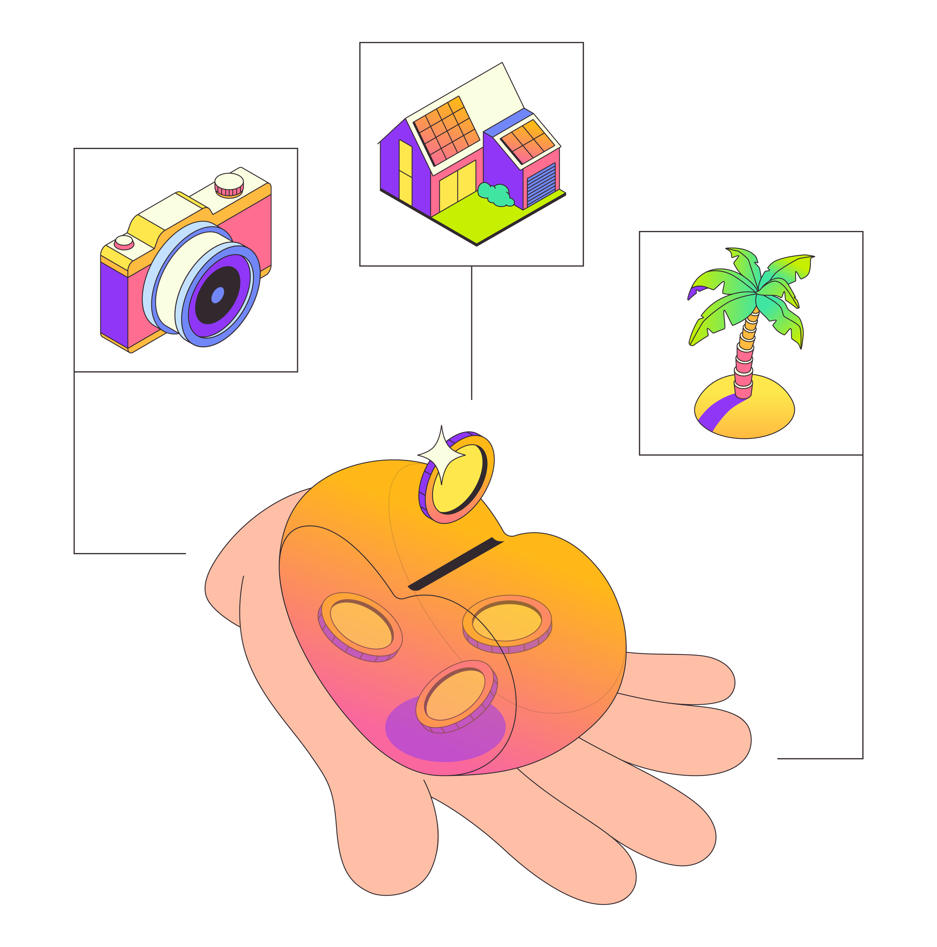 Financial Dreams & Savings Journey branding camera cryptocurrency design dream finance graphic design hand heart house illustration mone palm tree piggy bank savings solar panels ui vacation vector