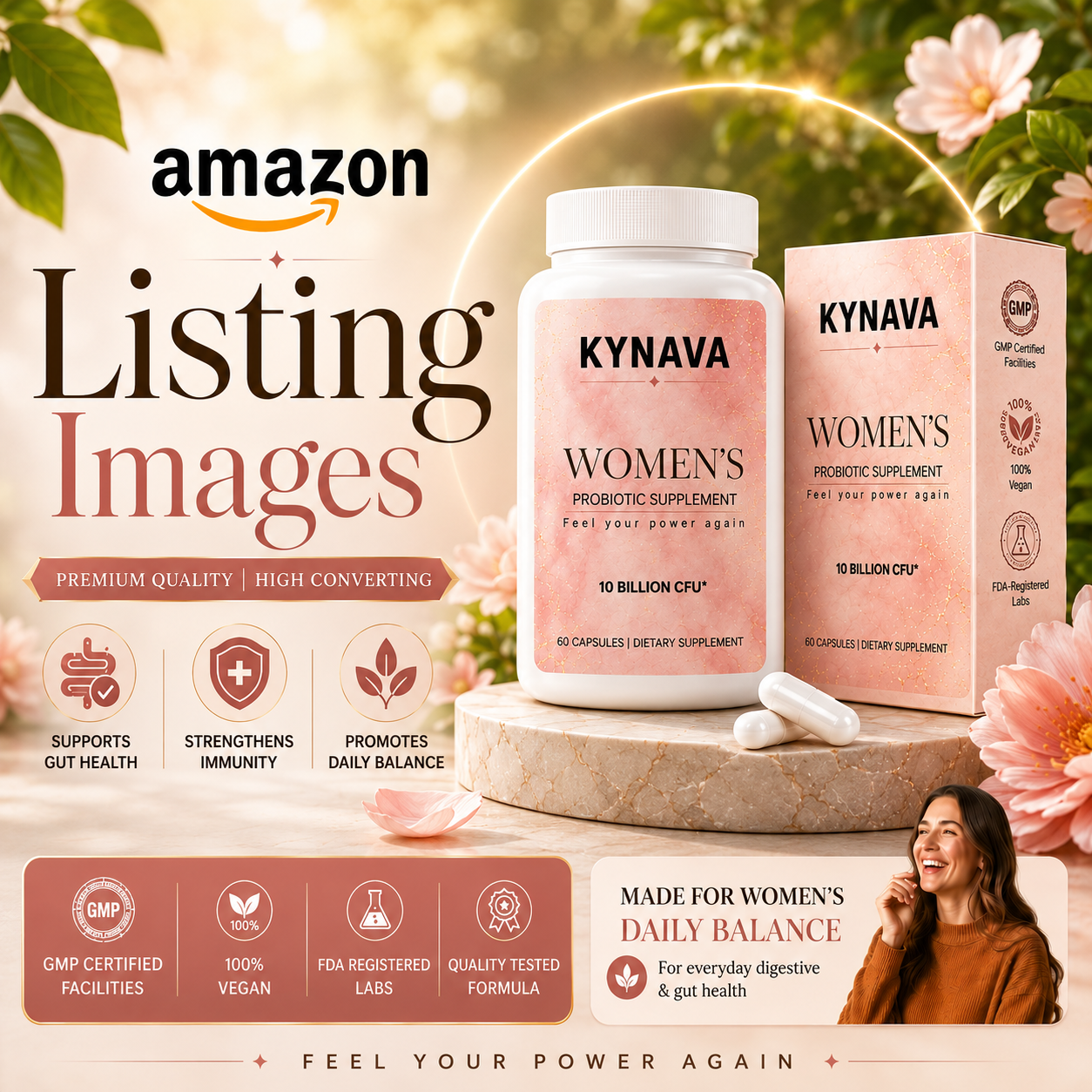 Premium Amazon Supplement Listing Design | Women’s Probiotic amazon a content amazon listing design amazon product images product listing design supplement design
