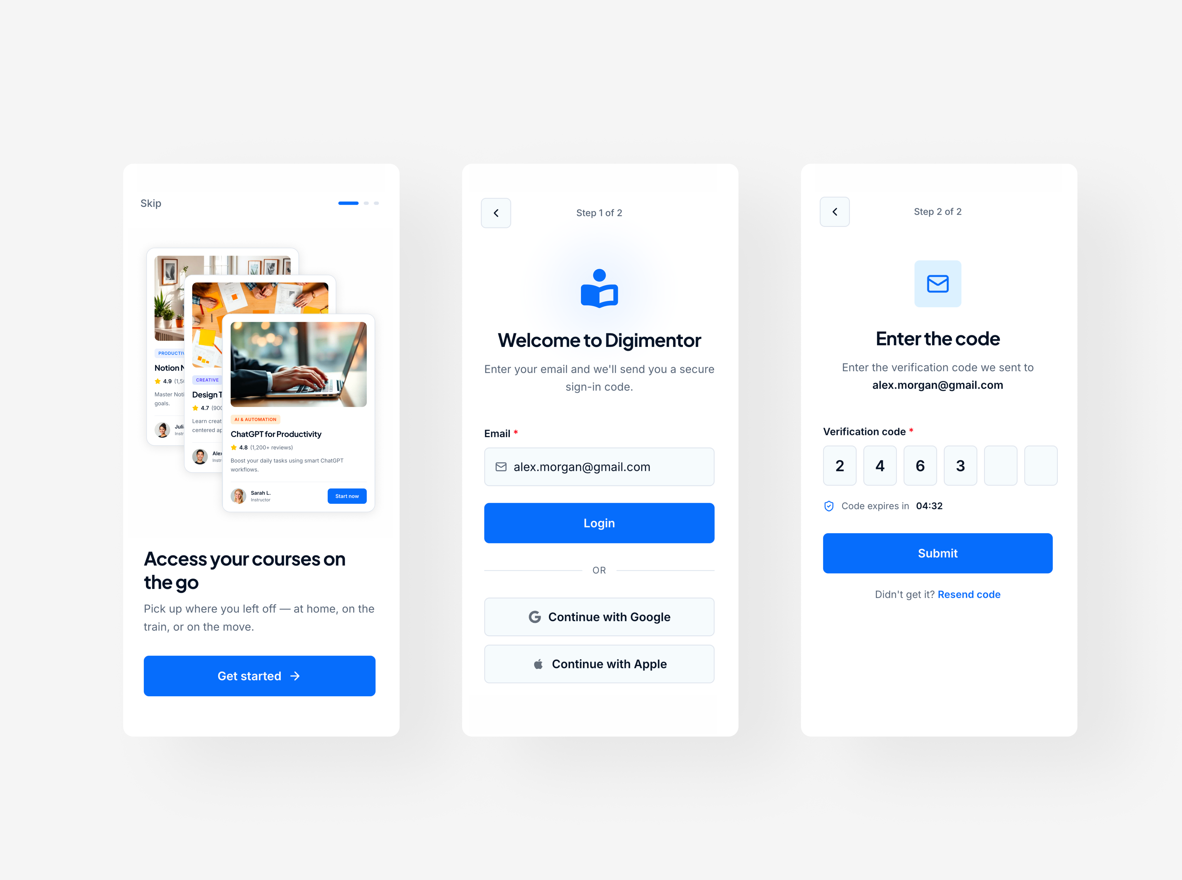 E-learning platform - Onboarding and authentication account creation authentication flow edtech platform educational app interaction design learning platform login experience mobile app design mobile onboarding mobile ux onboarding design product design product workflow saas product ui design user experience ux design verification flow