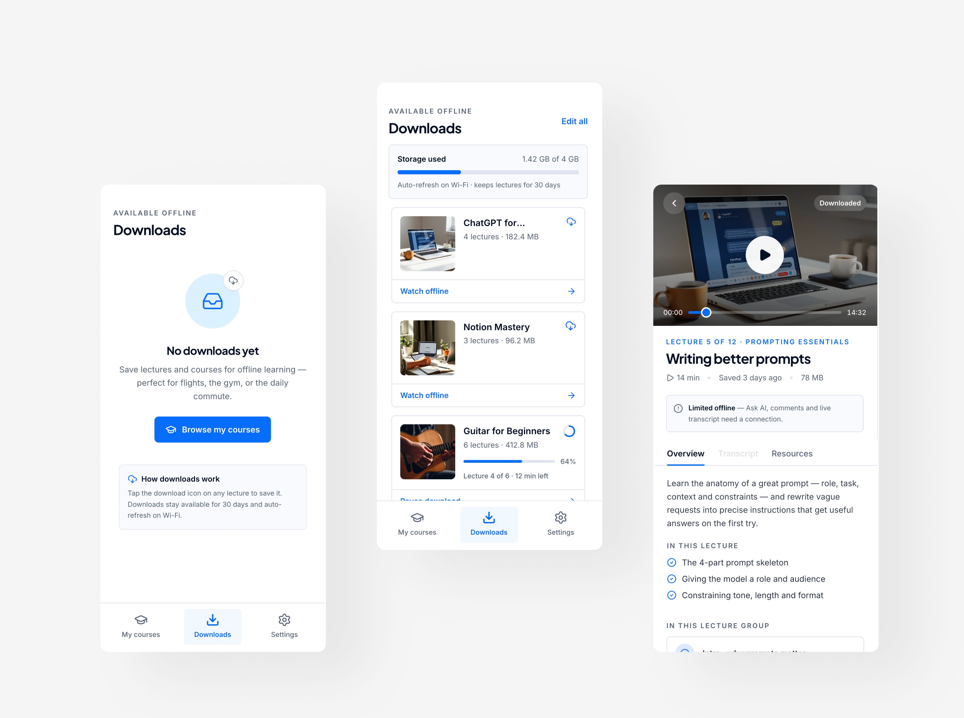 E-learning platform - Offline downloads app design course platform download management e learning app edtech interaction design learning platform mobile learning mobile product design mobile ux offline downloads product design saas product ui design user experience ux design video learning workflow design