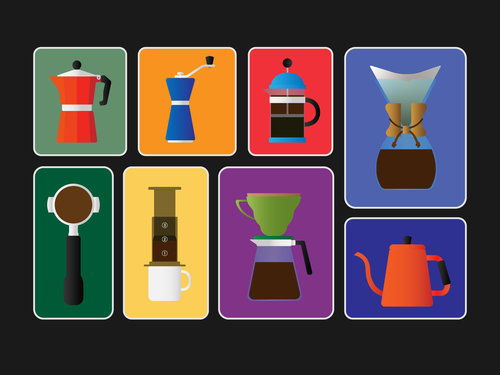 Coffee Poster Collection 2d 70s adobe illustrator aeropress chemex coffee design espresso french press graphic design illustration moka pot v60 vector